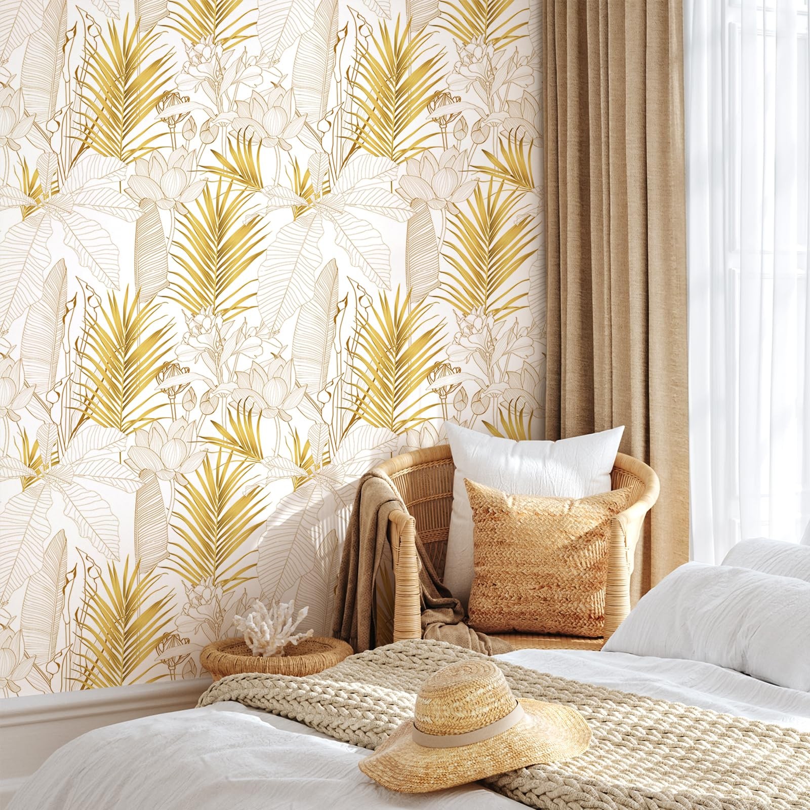 VEELIKE Boho Gold Tropical Peel and Stick Exotic Palm 17.7″ x 118″,