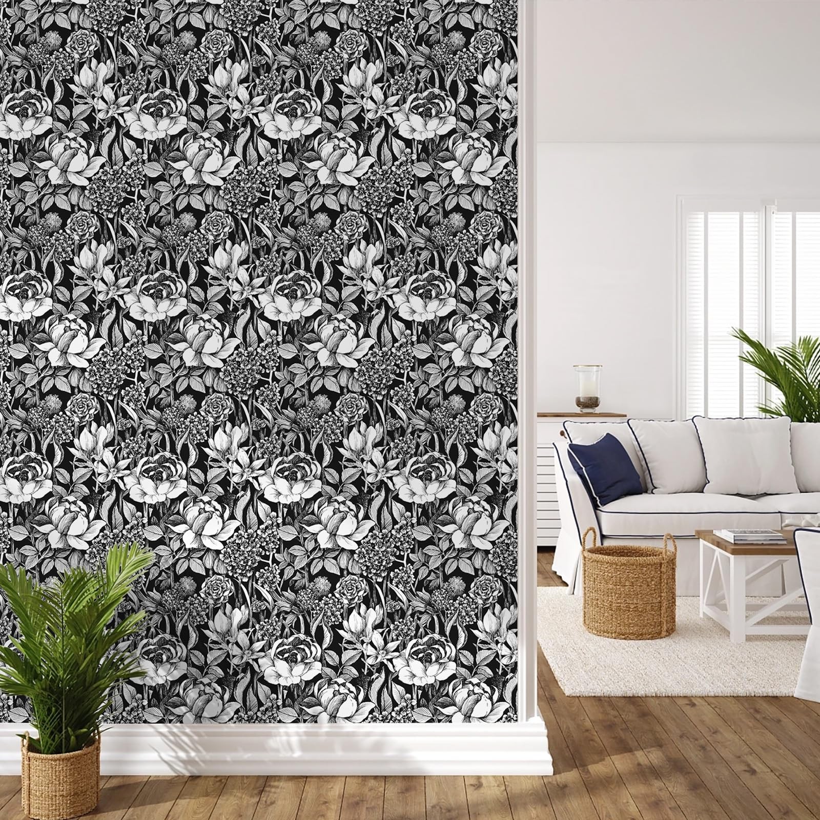 AuraCyzirine Black and White Floral Wallpaper A Set of 17.3″ x 200″,
