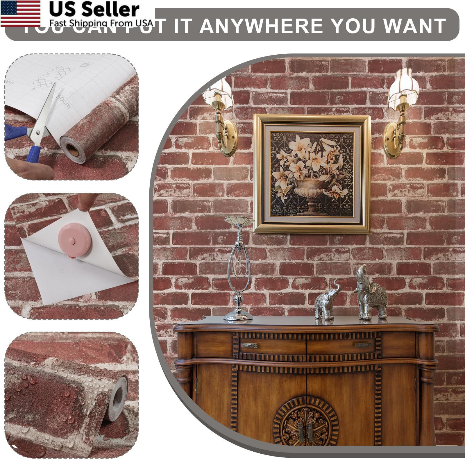Qianglive Red Brick Peel and Stick Wallpaper 17.5″×120″ 17.5″ x 120″,