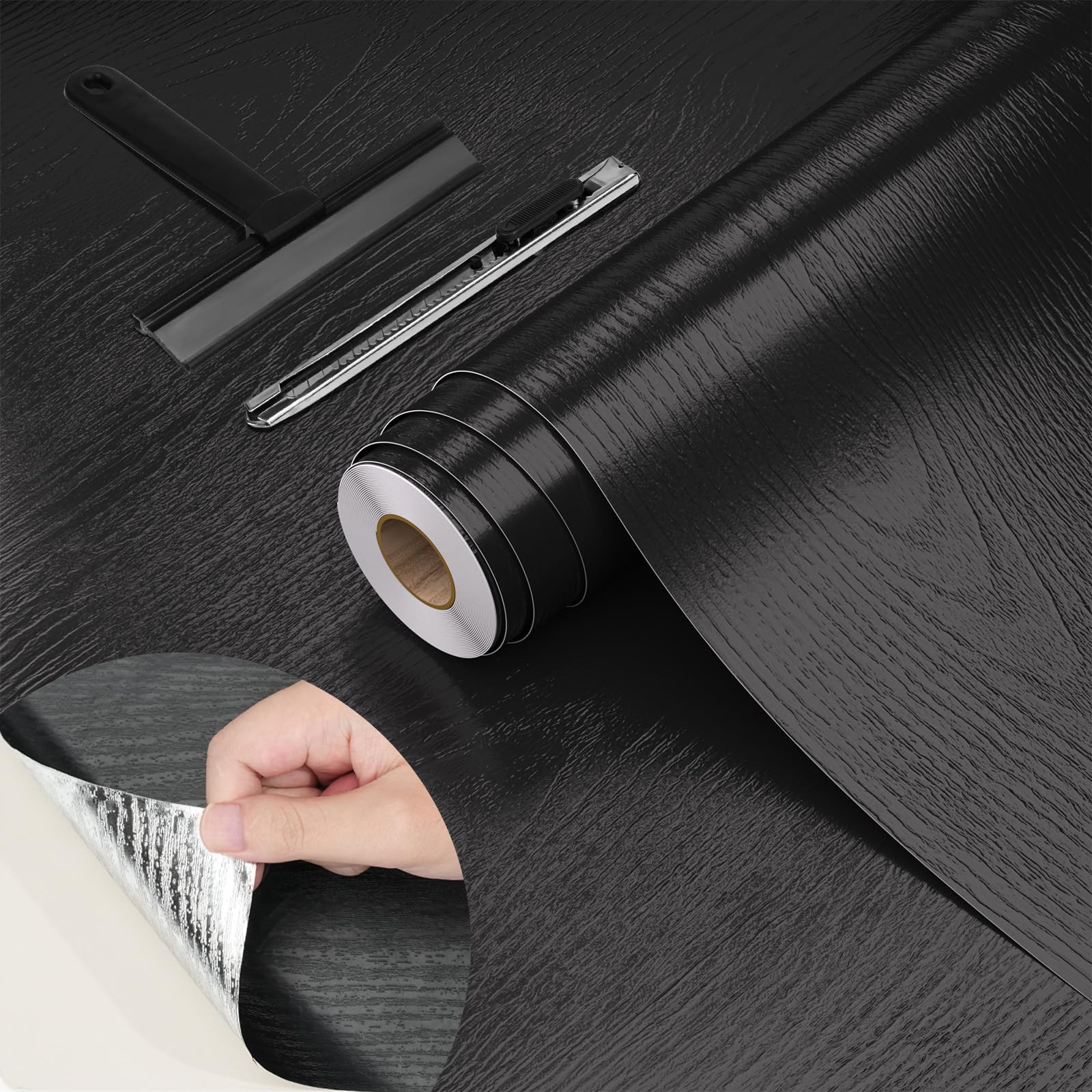 WADILE Peel and Stick Wood Grain Wallpaper 15.7″x78.7″ 15.7″W x 78.7″L, Black