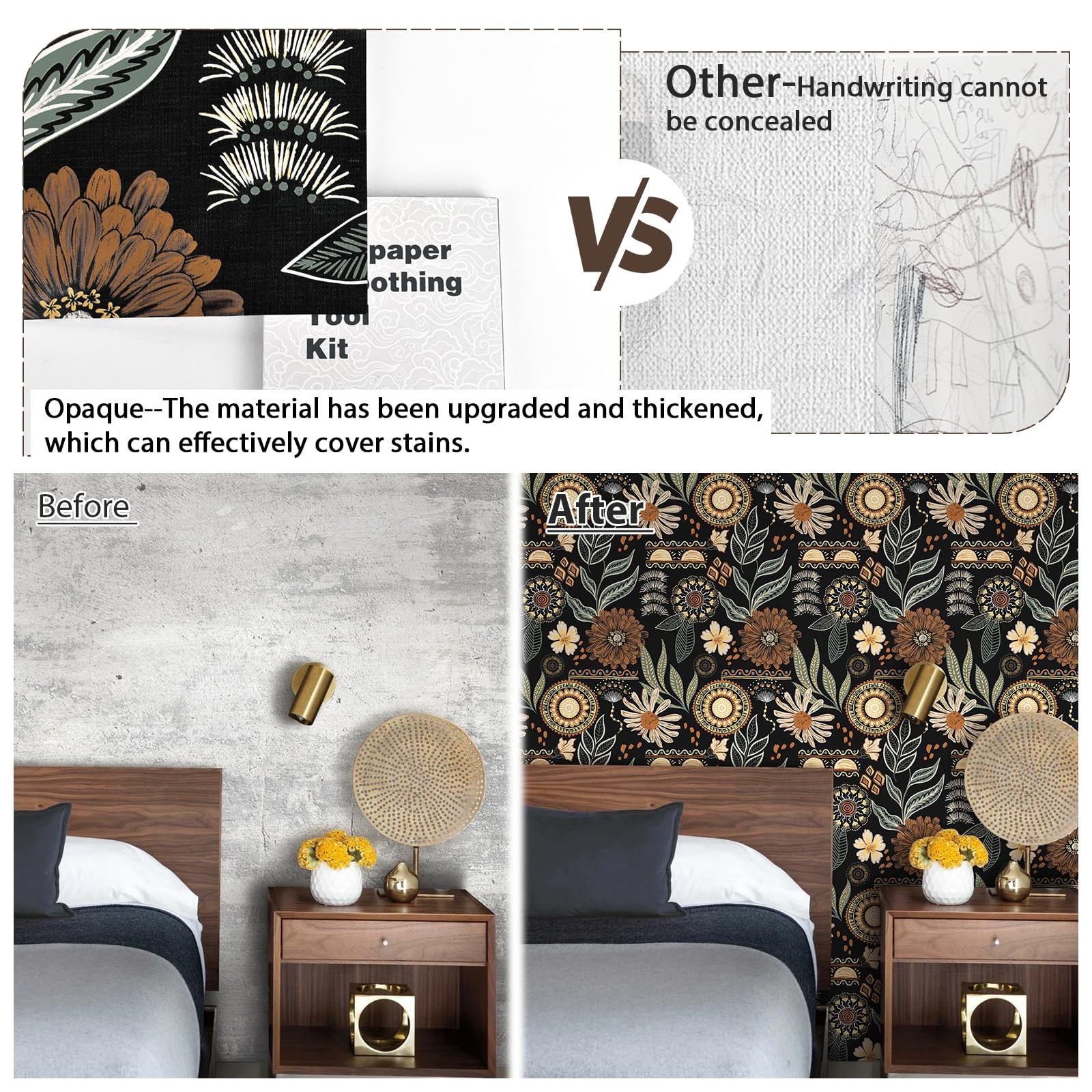 Naphite Boho Peel and Stick Wallpaper Vintage Floral 17.3″ x 78.7″, Black
