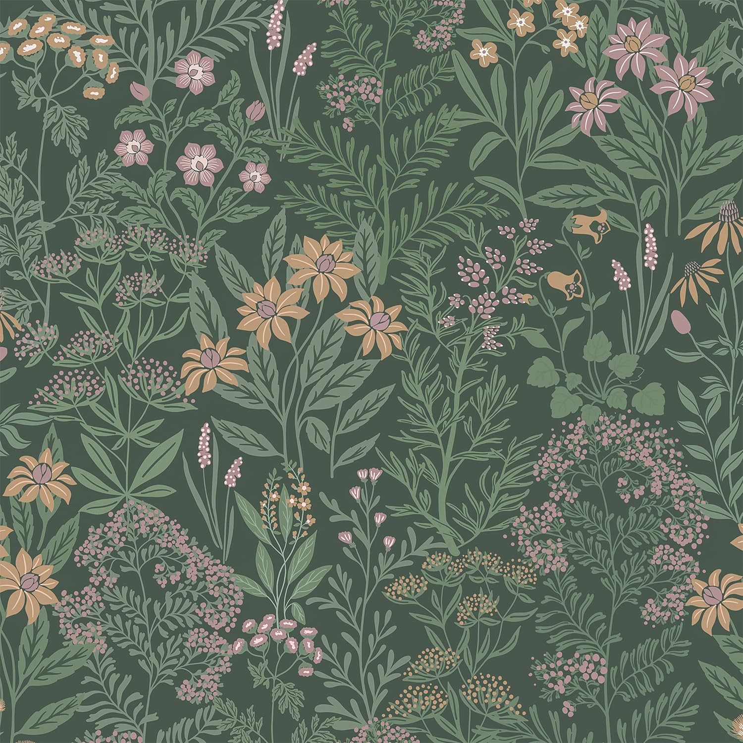 Safiyya Green Floral Peel and Stick Wallpaper Boho 17.3″ x 78.7″, Dark