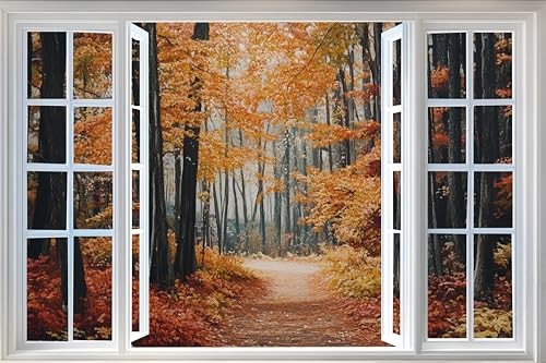 Autumn Forest Peel and Stick 3D Fake Window Stickers,Trees and Leaves