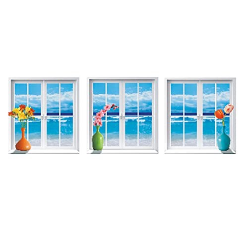 Beach Seascape Window Wall Stickers,3 Pcs Pretty Plum Tulip with Blue Ocean