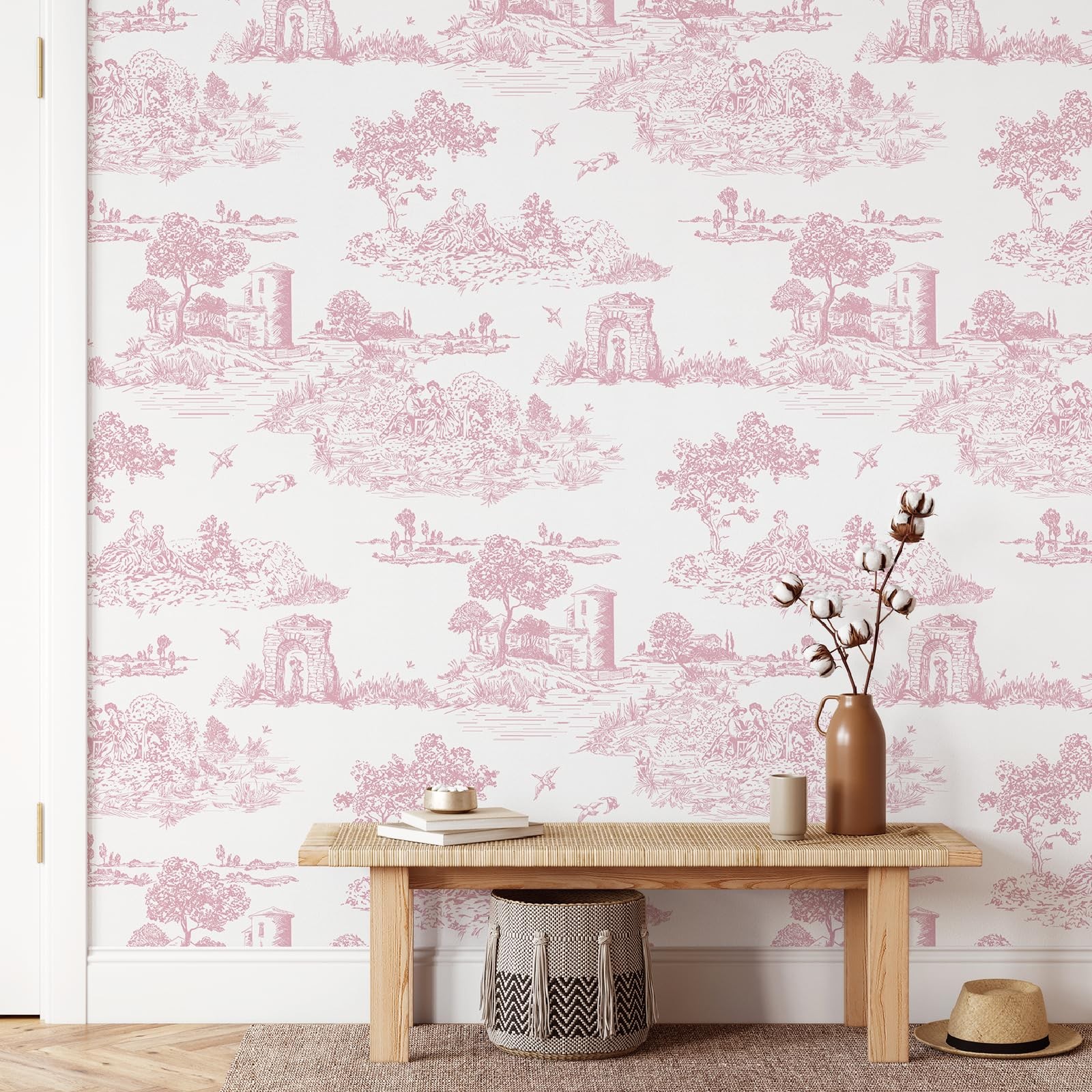 WENMER Pink Toile Peel & Stick Wallpaper for Bedroom, 17.7″ x 118″,