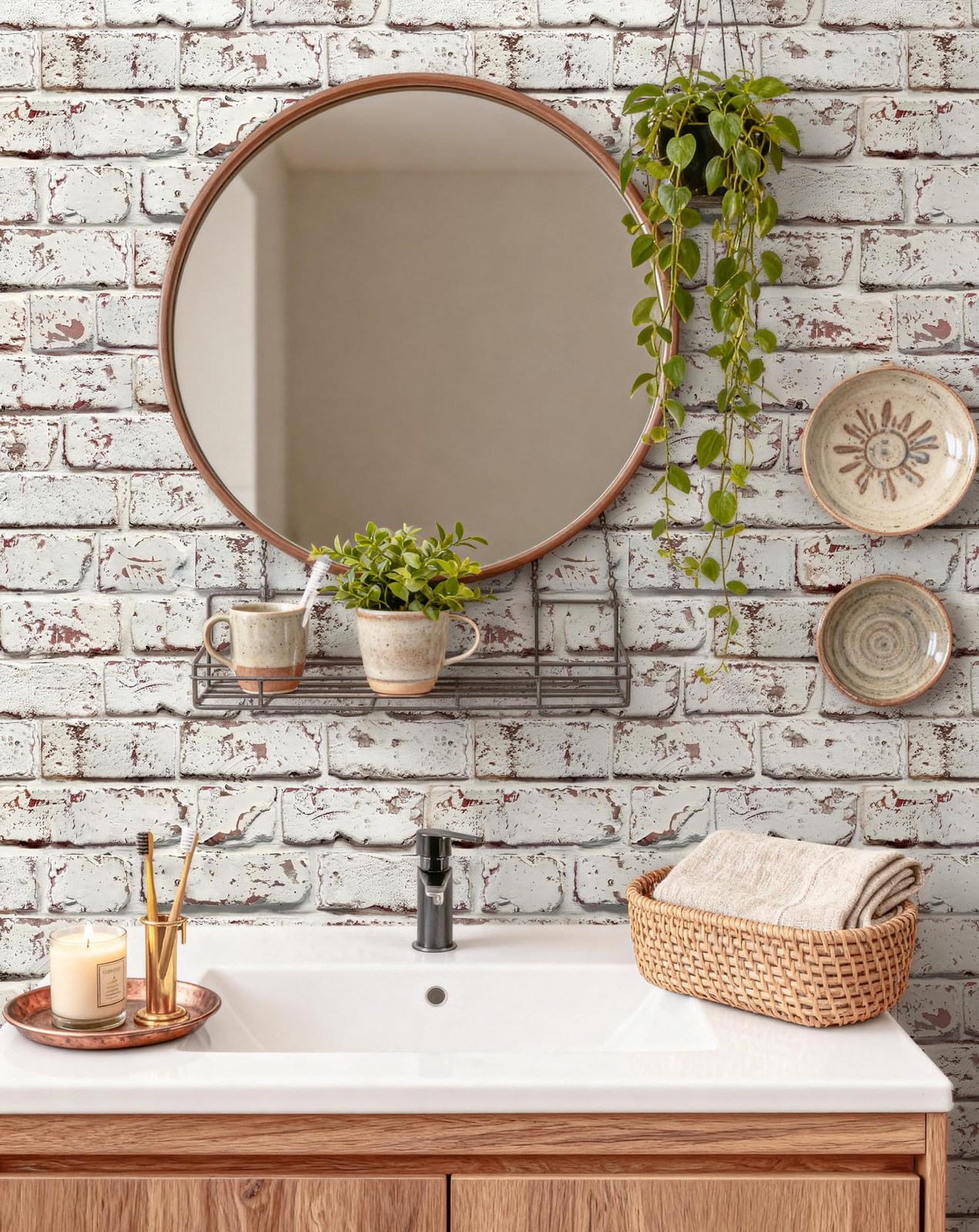 Aniboo White Brick Wallpaper Peel and Stick Faux 118″×17.3″, Red
