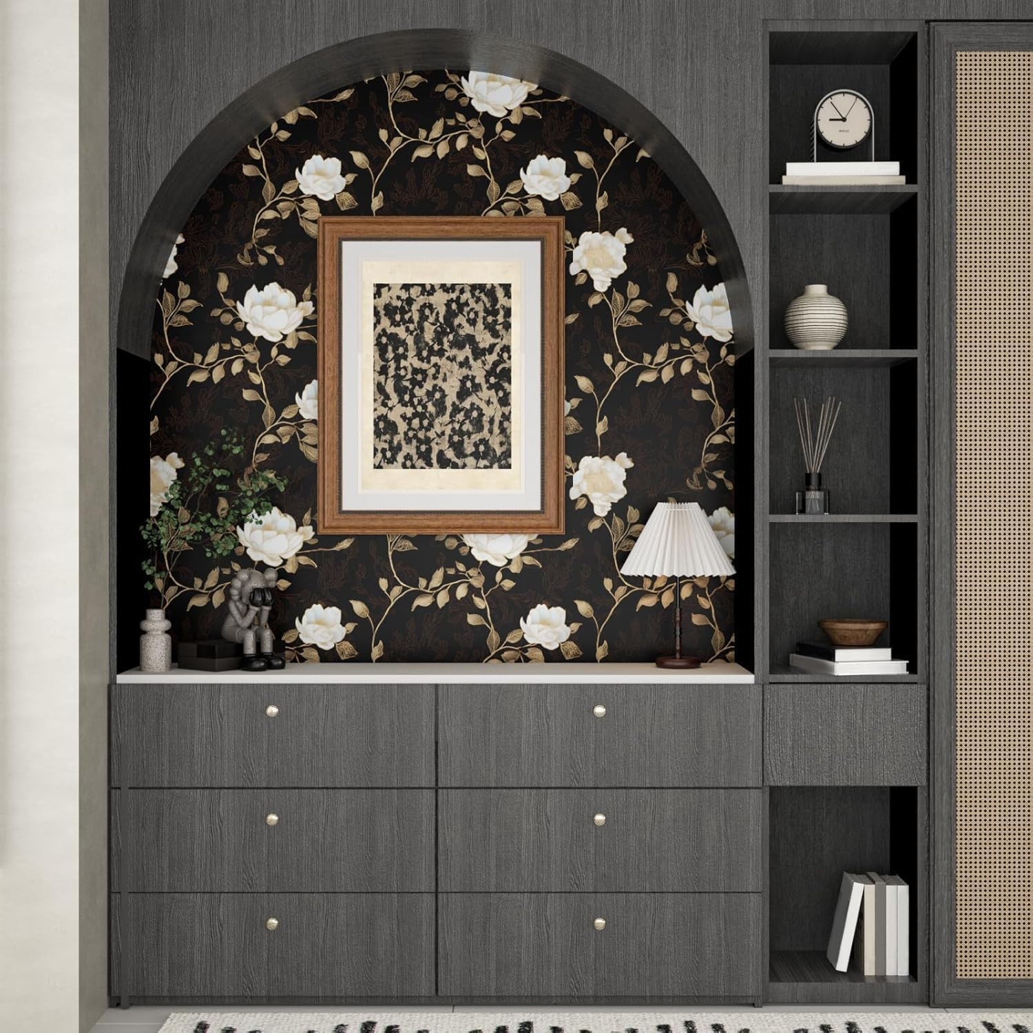 Laatse Black Golden Floral Peel and Stick 17.5″ x 118″, Dark Gold