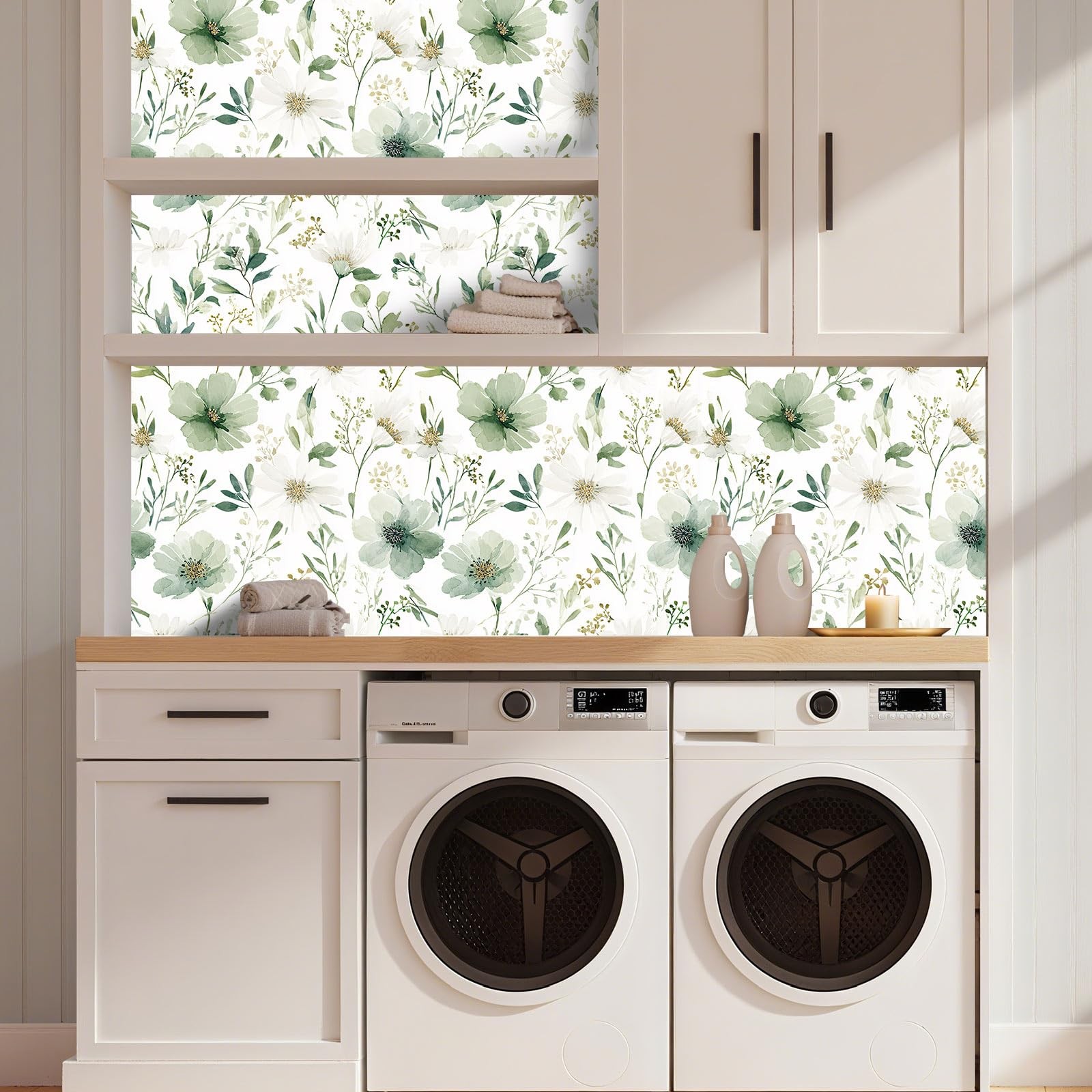 Akodm Sage Green Floral Peel and Stick Wallpaper 17.7″ x 118″, & White