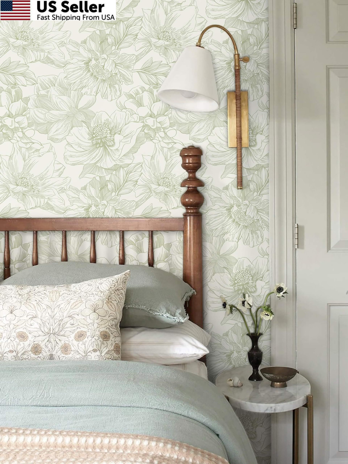 Ismoon Vintage Floral Wallpaper Peel and Stick 17.3″ x 78.7″, Beige Green