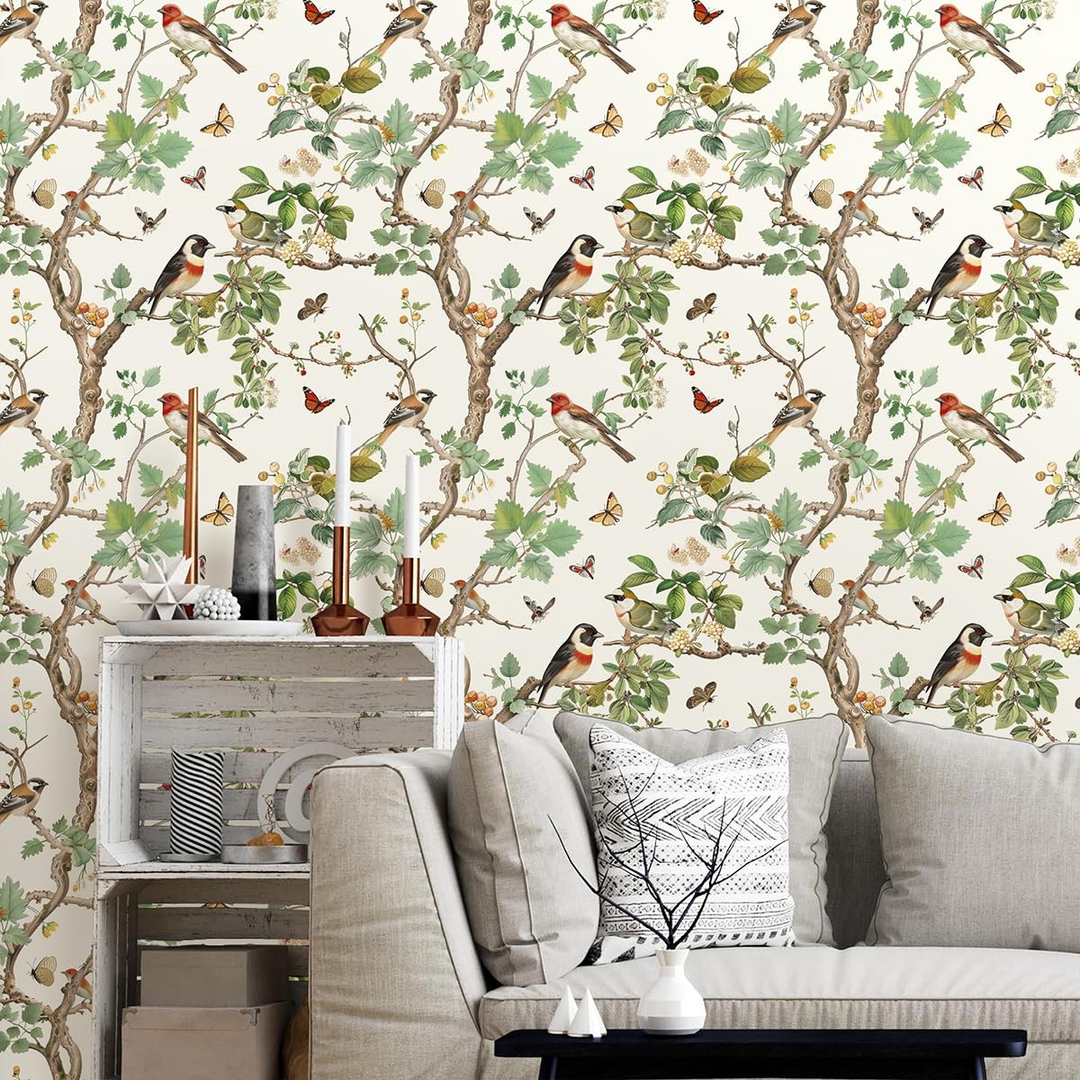 Nukofal Vintage Bird Peel and Stick Wallpaper Floral 16.9″ x 118.1″, Beige