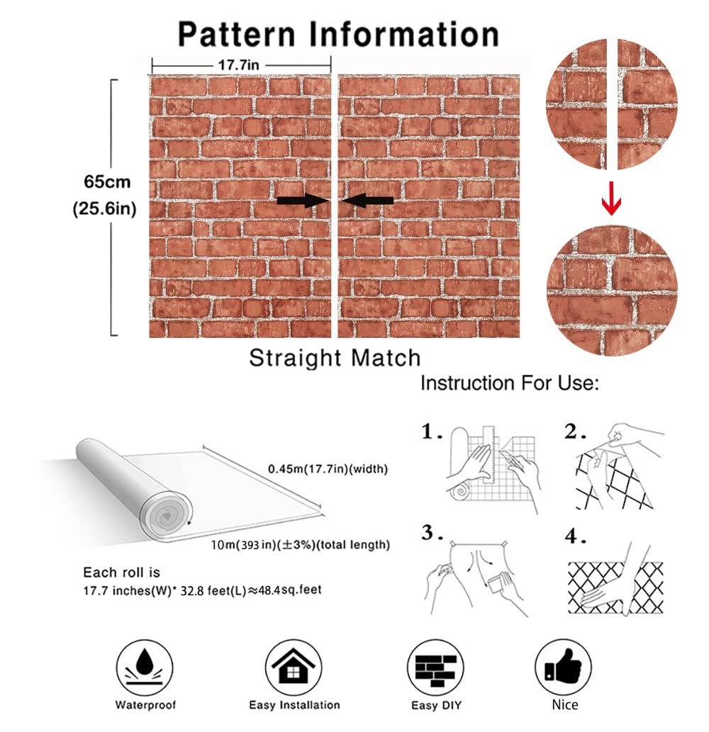 Naphite Red Brick Peel and Stick Wallpaper 3D Faux 17.7″ x 393″,