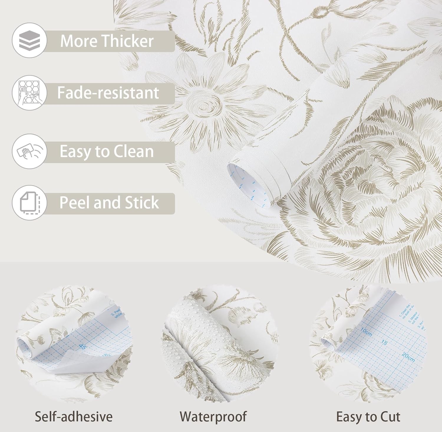 Yasinet Peel and Stick Wallpaper Boho Floral 17.3″ x 78.7″, beige white
