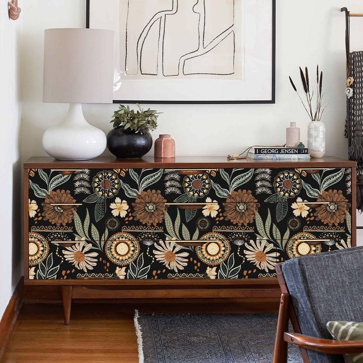Naphite Boho Peel and Stick Wallpaper Vintage Floral 17.3″ x 78.7″, Black