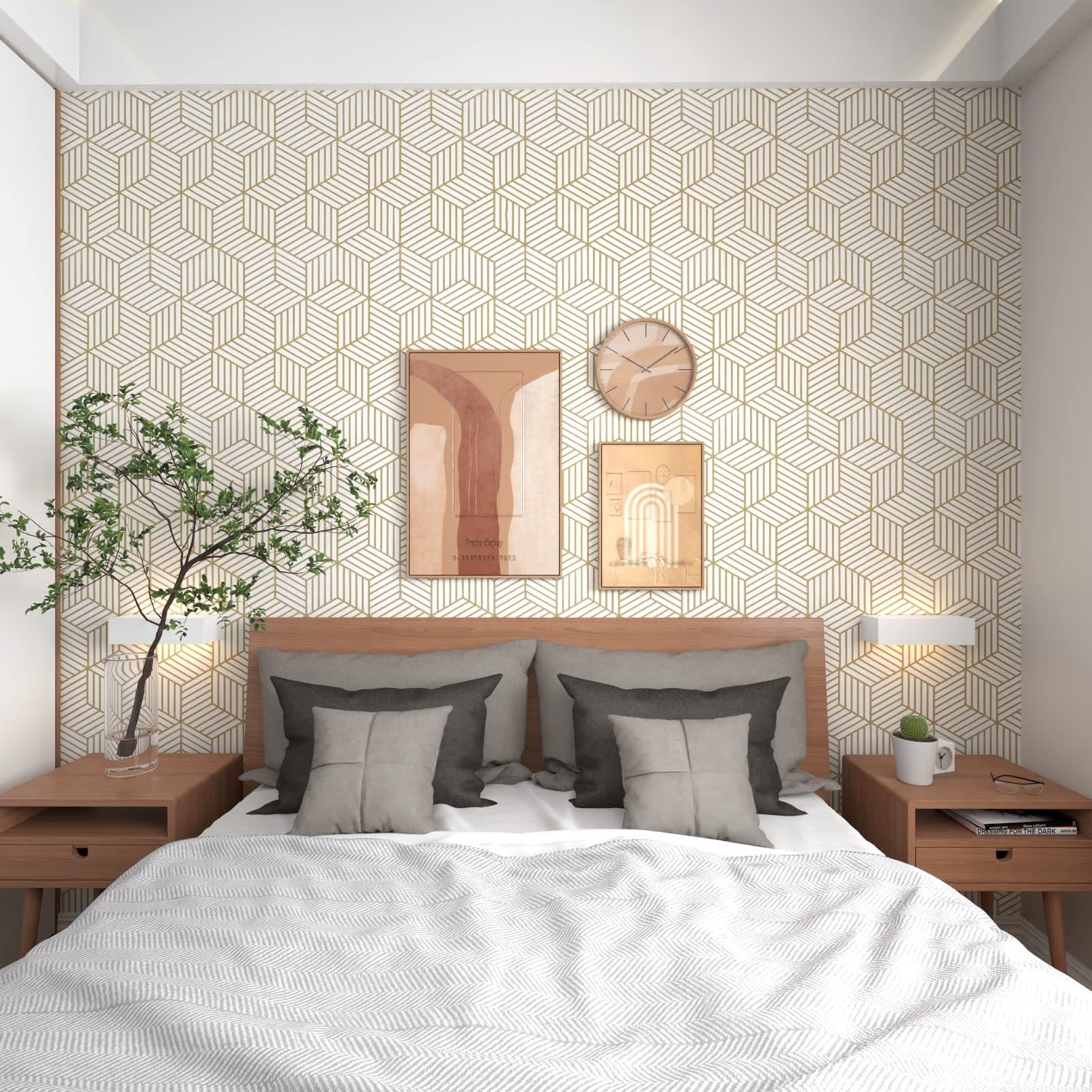 MelunMer Geometric Peel and Stick Wallpaper Gold 118In L 17.7″ x 118″,