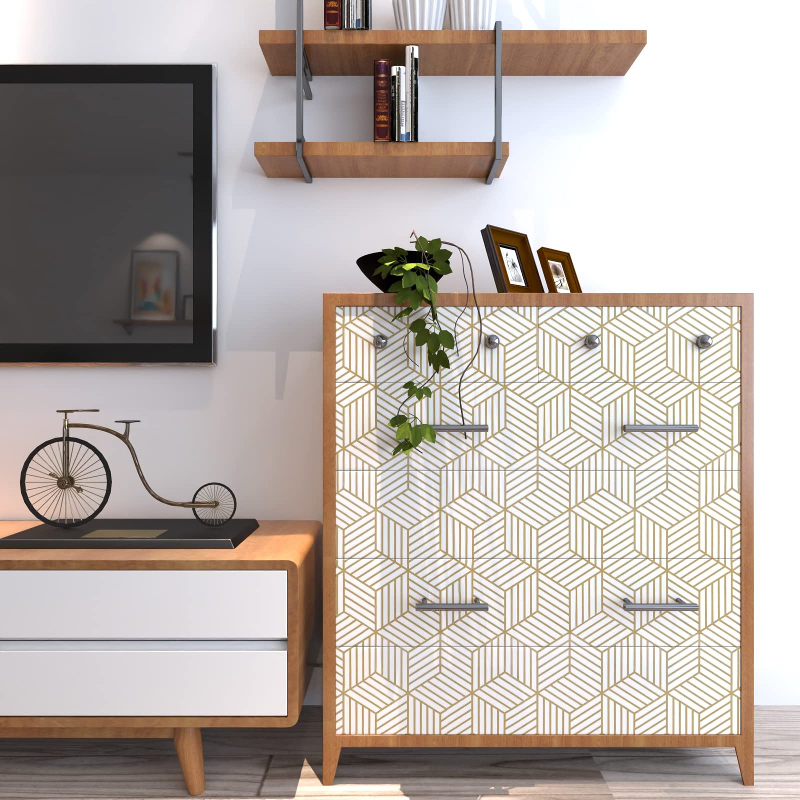 MelunMer Geometric Peel and Stick Wallpaper Gold 118In L 17.7″ x 118″,