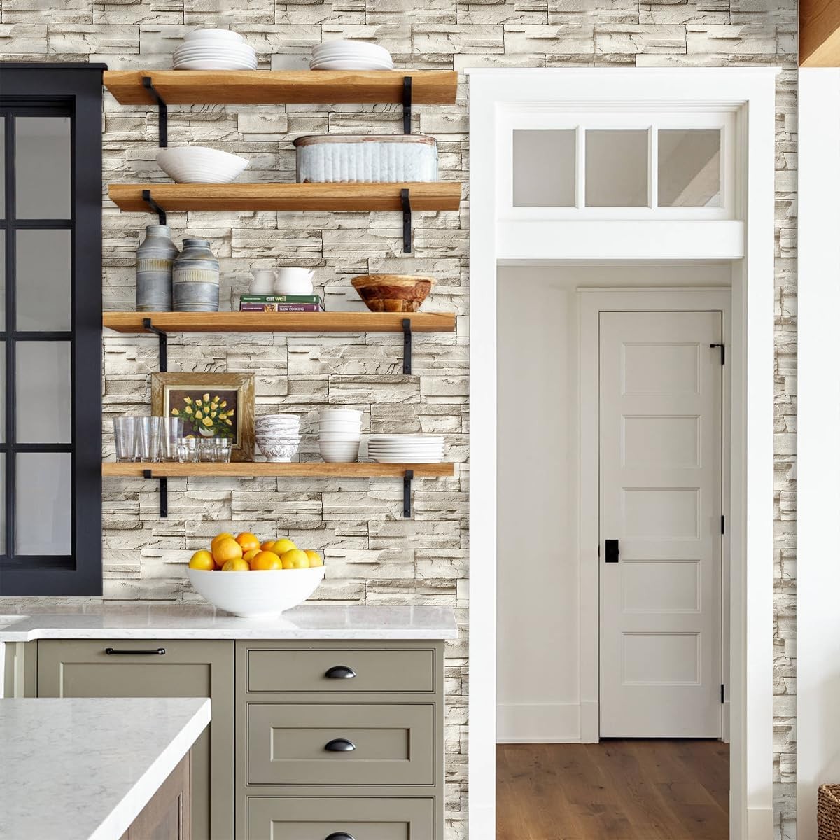 Jeweluck Stone Wallpaper Peel and Stick Brick 17.7 x 118.1, A Beige