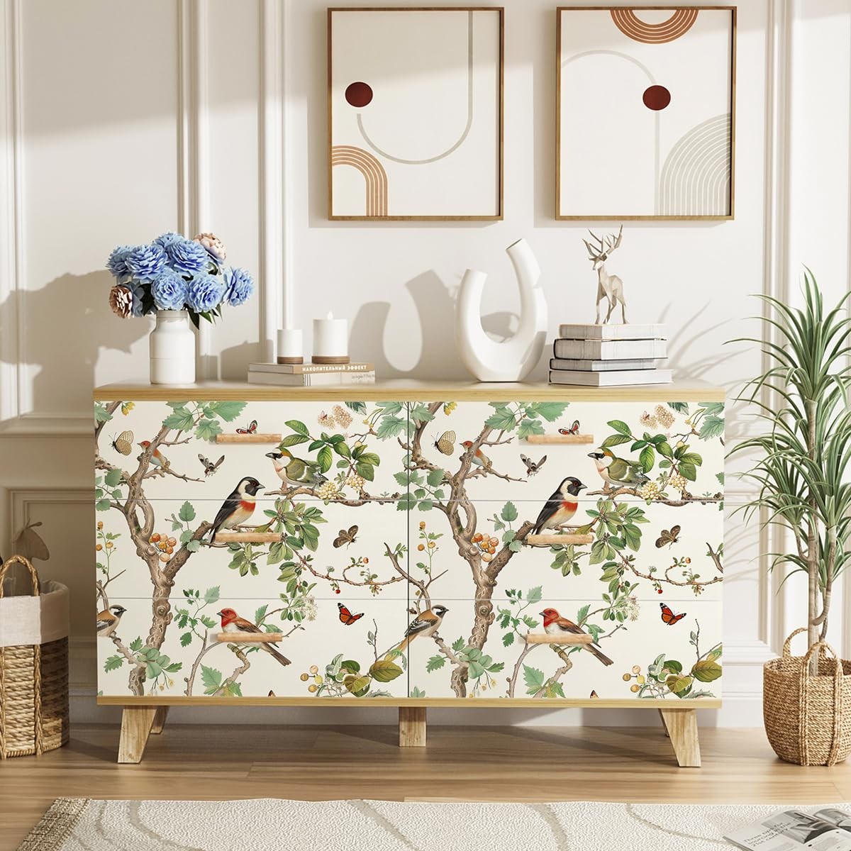 Nukofal Vintage Bird Peel and Stick Wallpaper Floral 16.9″ x 118.1″, Beige