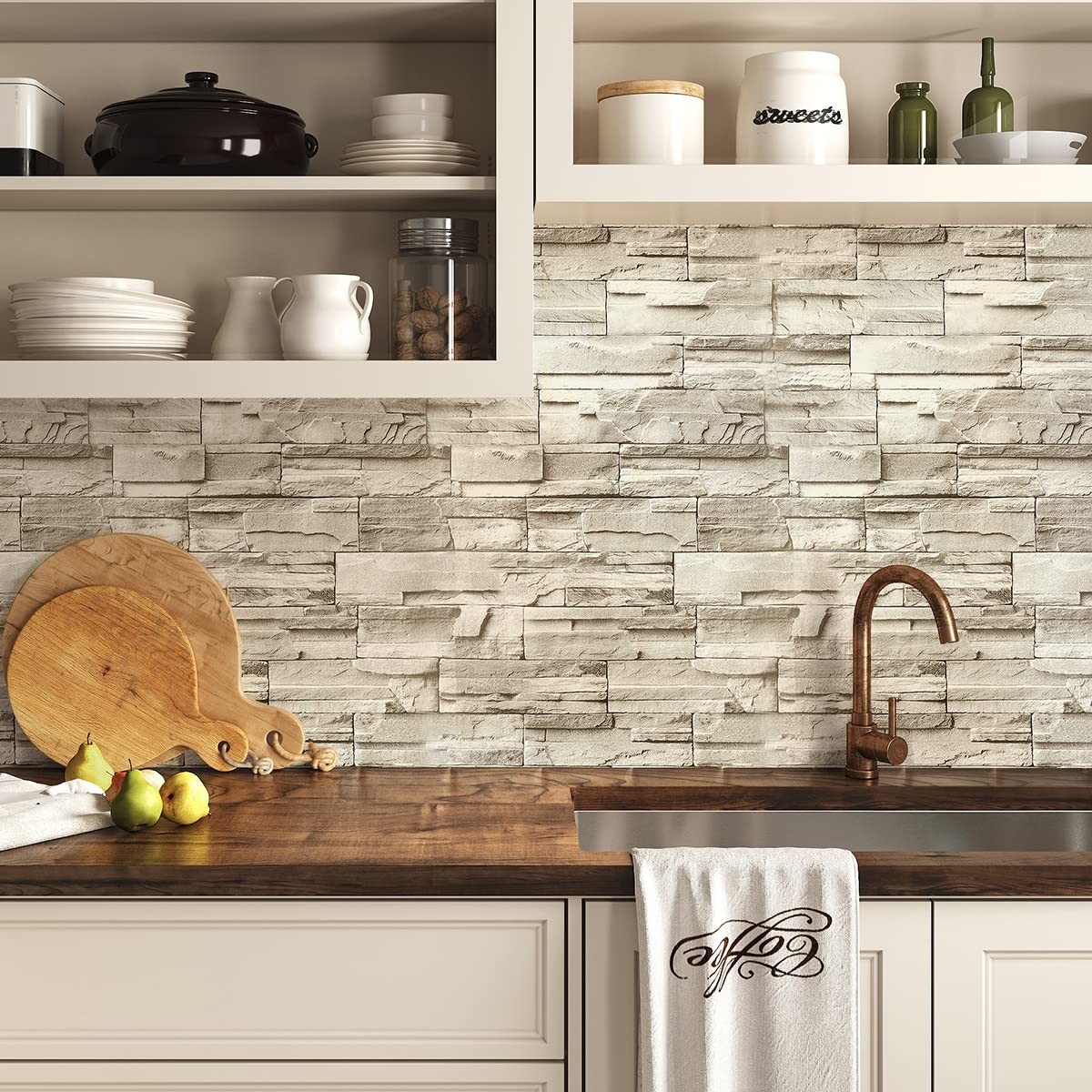 Jeweluck Stone Wallpaper Peel and Stick Brick 17.7″ x 118.1″, A Beige