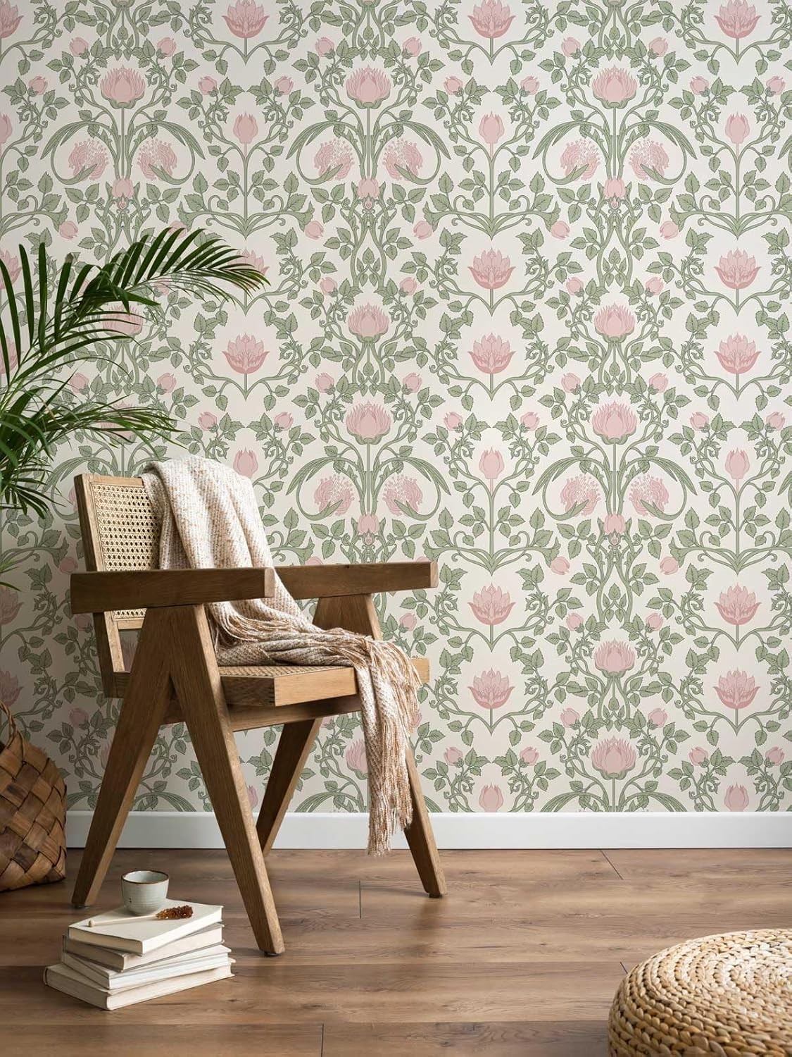 Peel and Stick Wallpaper Pink Floral Damask 17.3" x 78.7",
