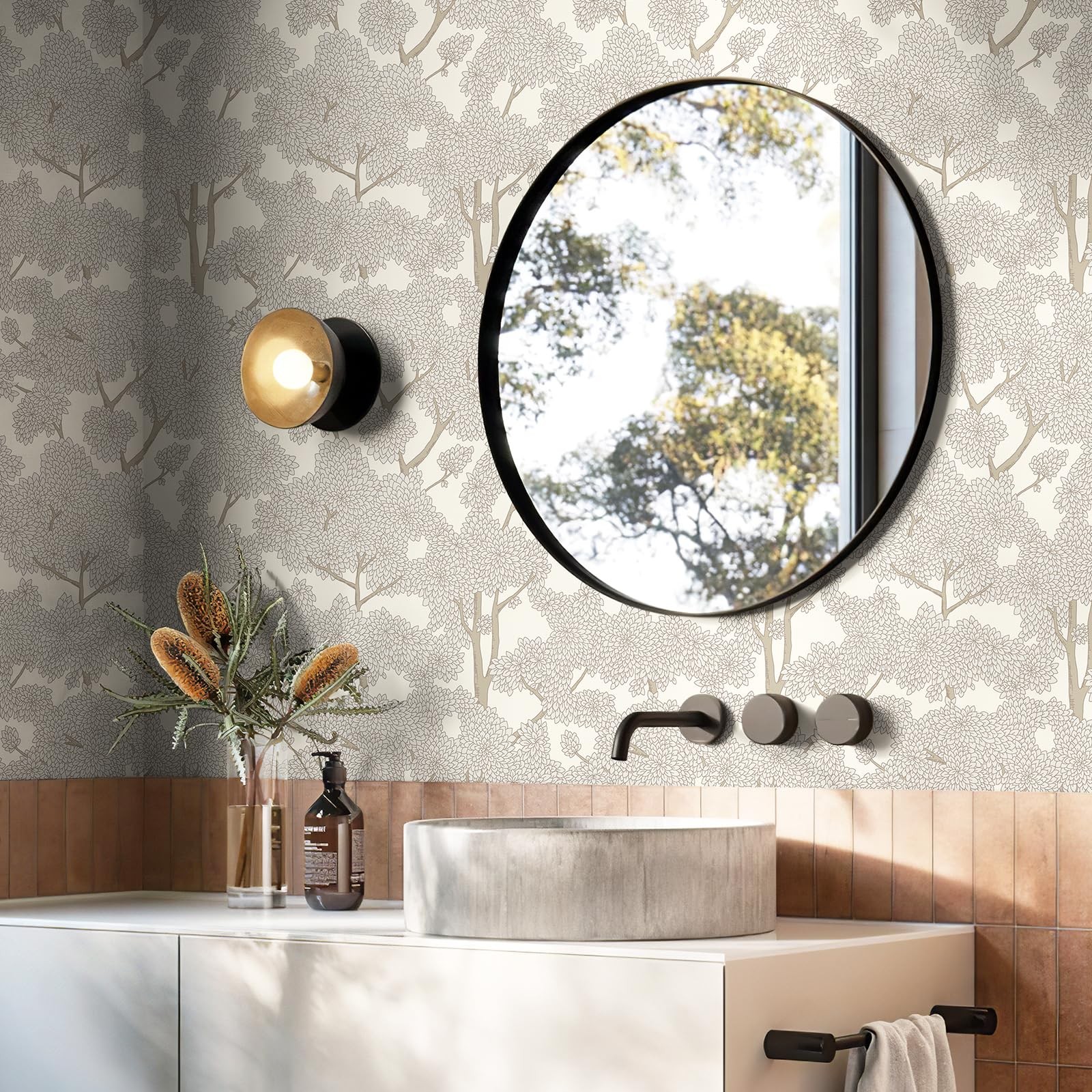 JiffDiff Tree Wallpaper Peel and Stick Jungle Wall Paper 17.3″ x 120″, Cream