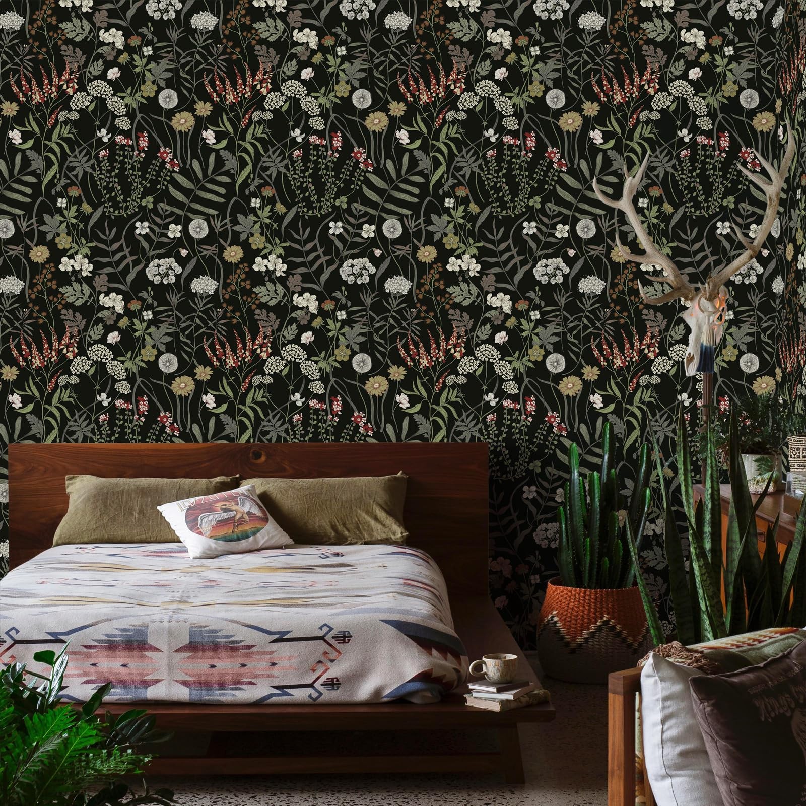 Aniboo Dark Floral Peel and Stick Wallpaper Botanical Leaf 78.7″×17.3″, Black
