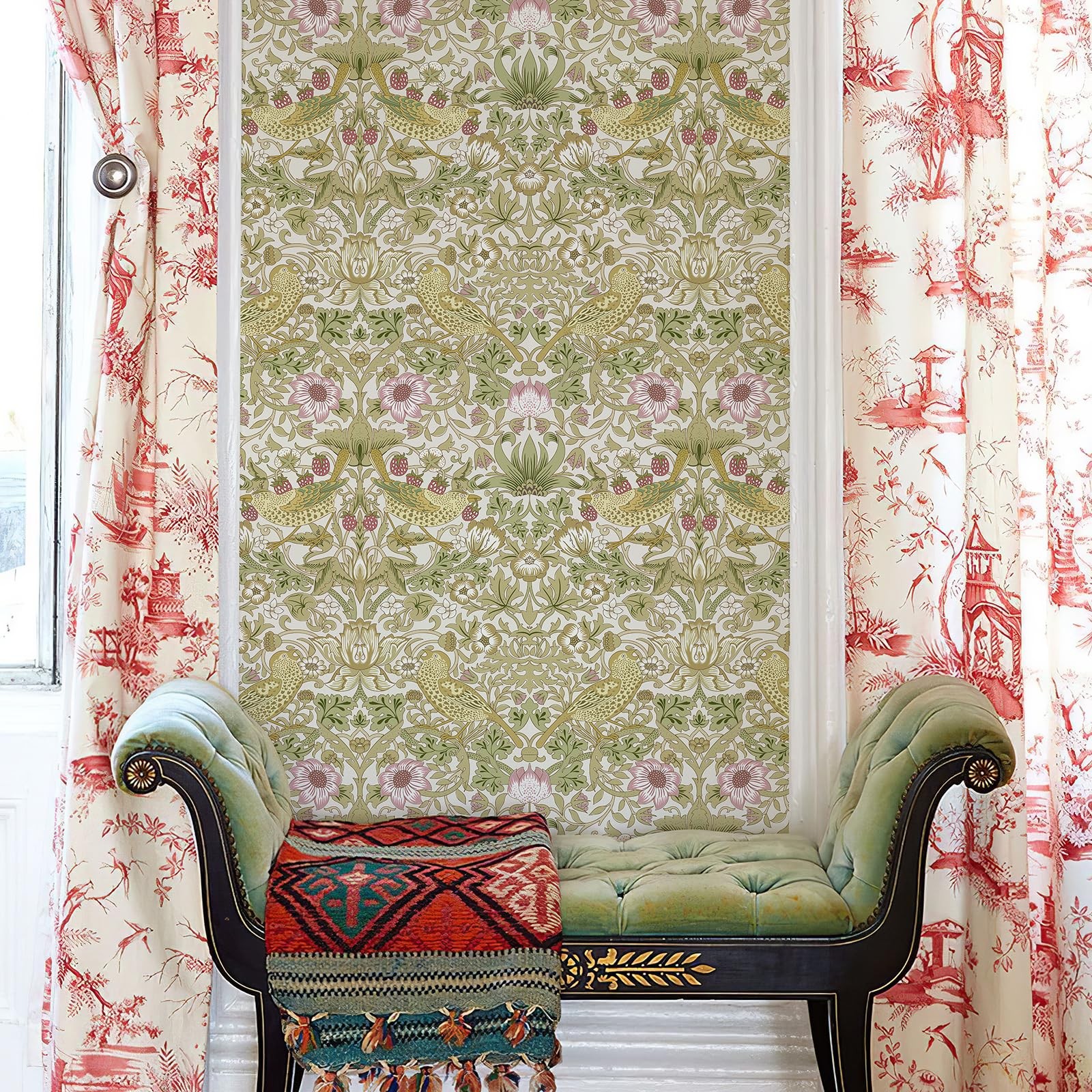 HueBurst William Morris Vintage 17.3″ x 118.1″, White Flower/Strawberry/Bird
