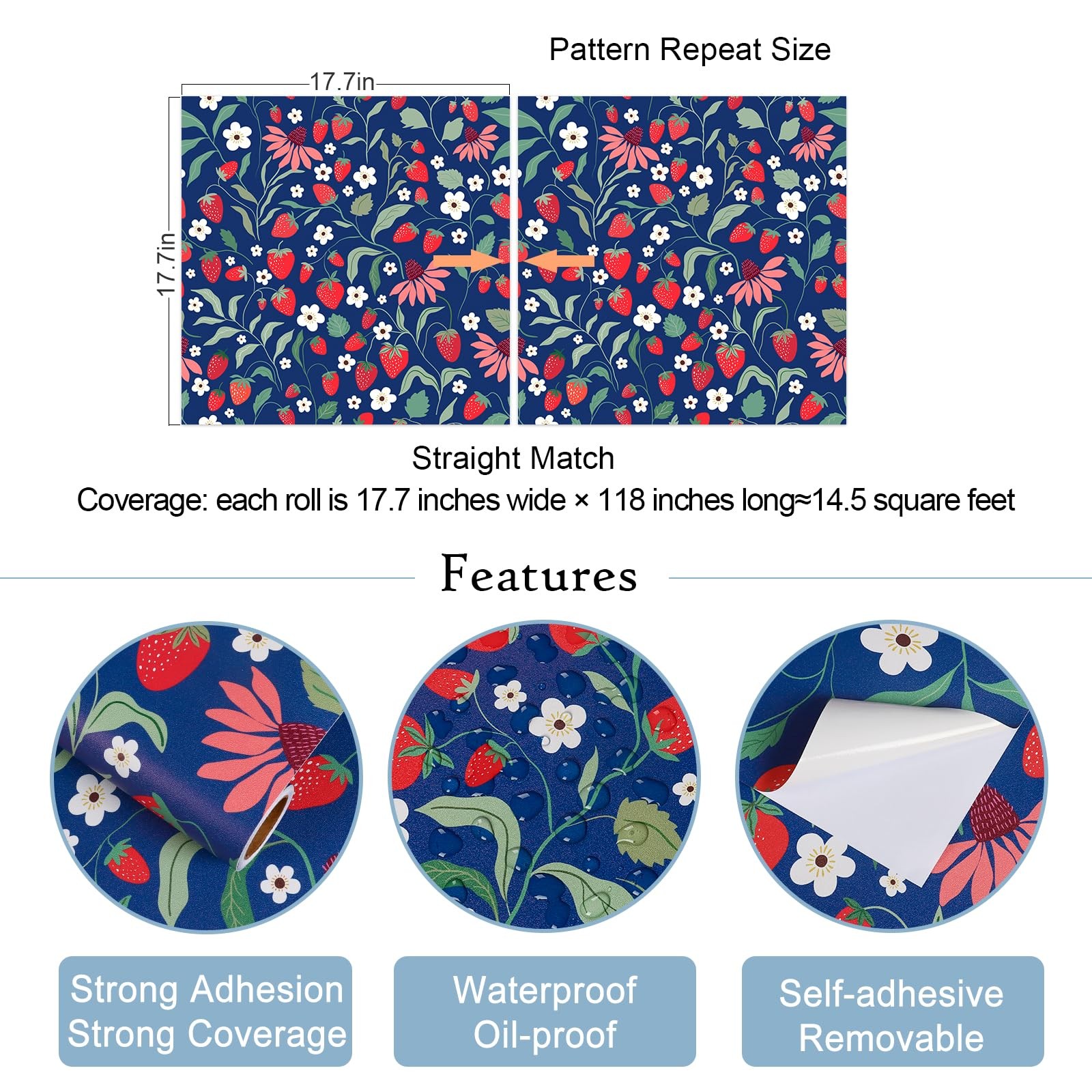VaryStyle Strawberry Floral Wallpaper 17.7″ x 118″, Navy