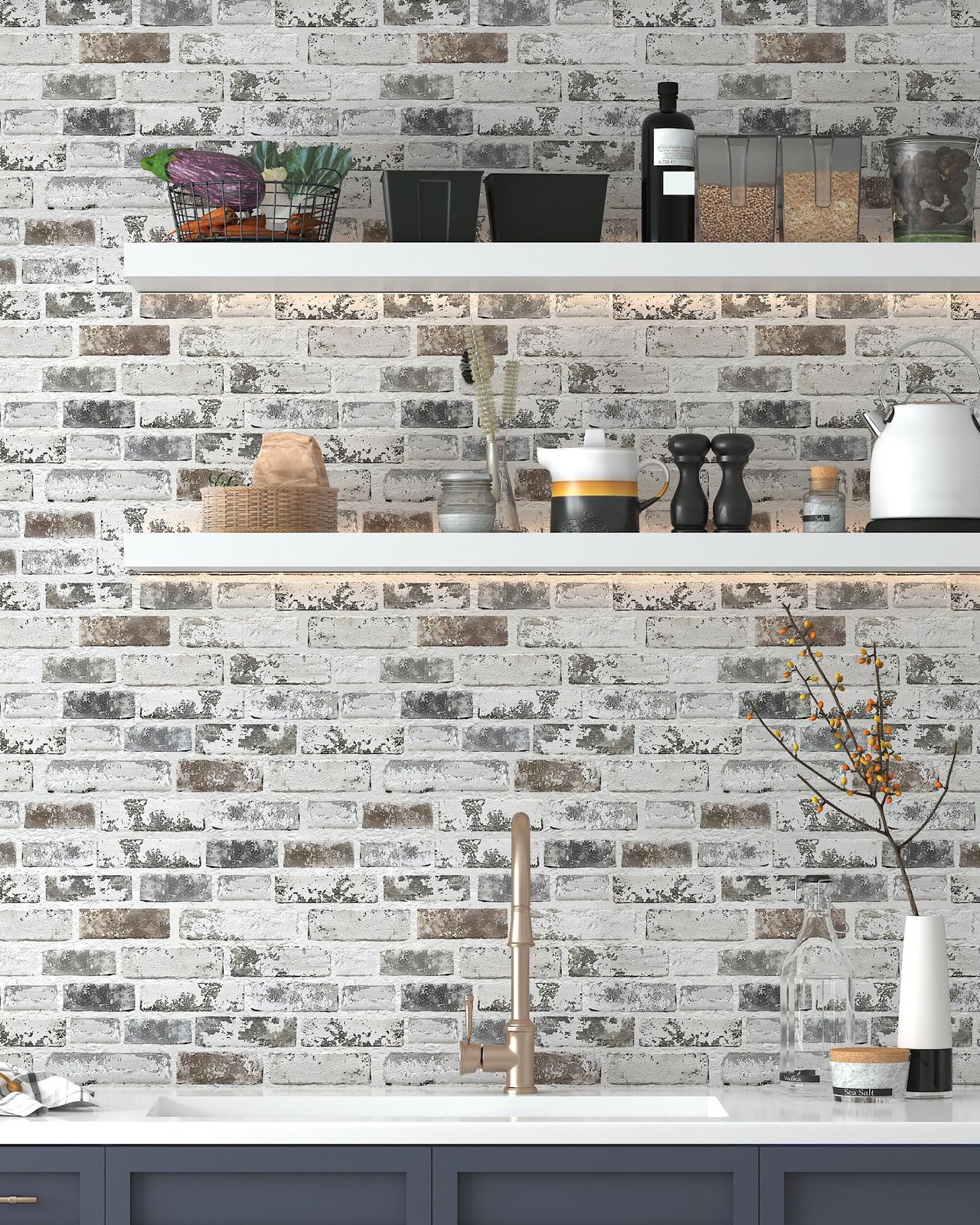 Brick Wallpaper Peel and Stick 17.3″ x 78.8″, Grey White