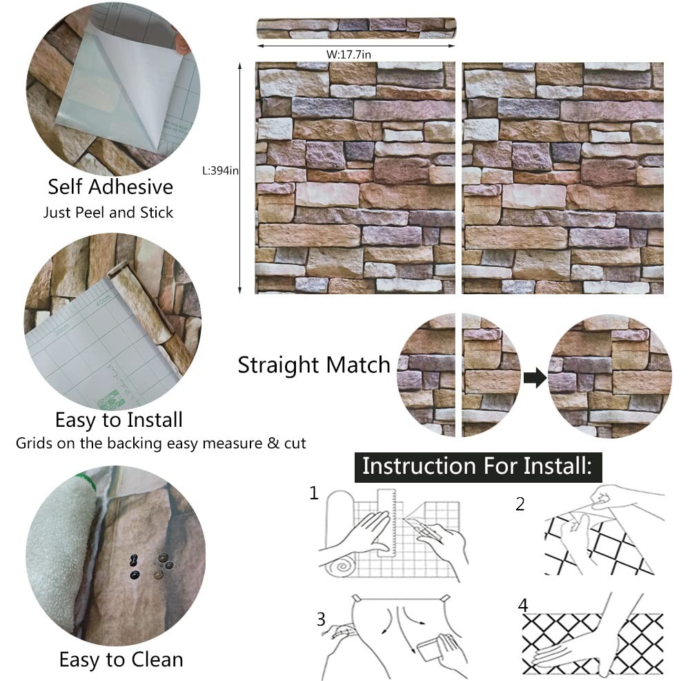 Genafy Peel and Stick Faux Brick Stone Wallpaper, 17.7″ x x 394″, Rock