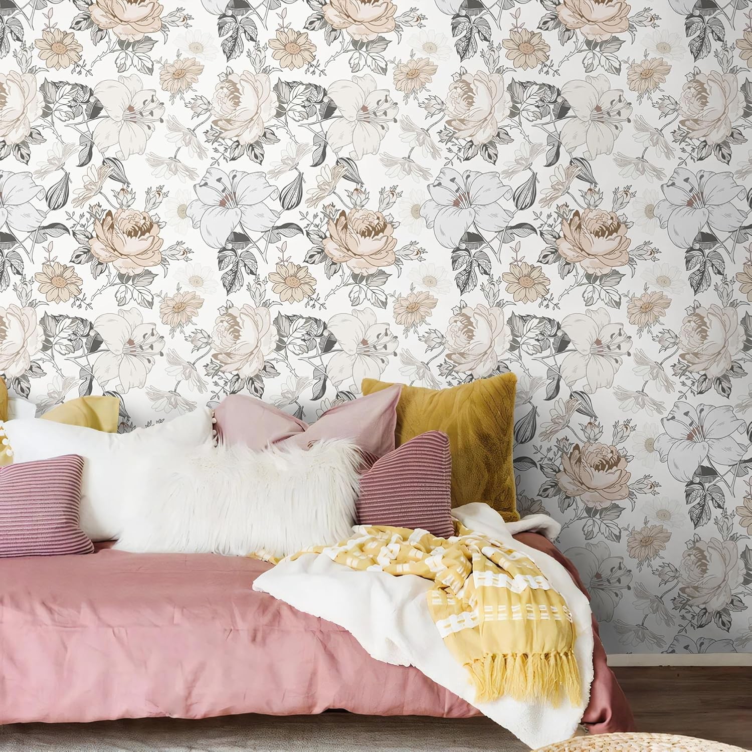 Hopepak Floral Peel and Stick Wallpaper for 15.5″ x 78.7″, White & Beige