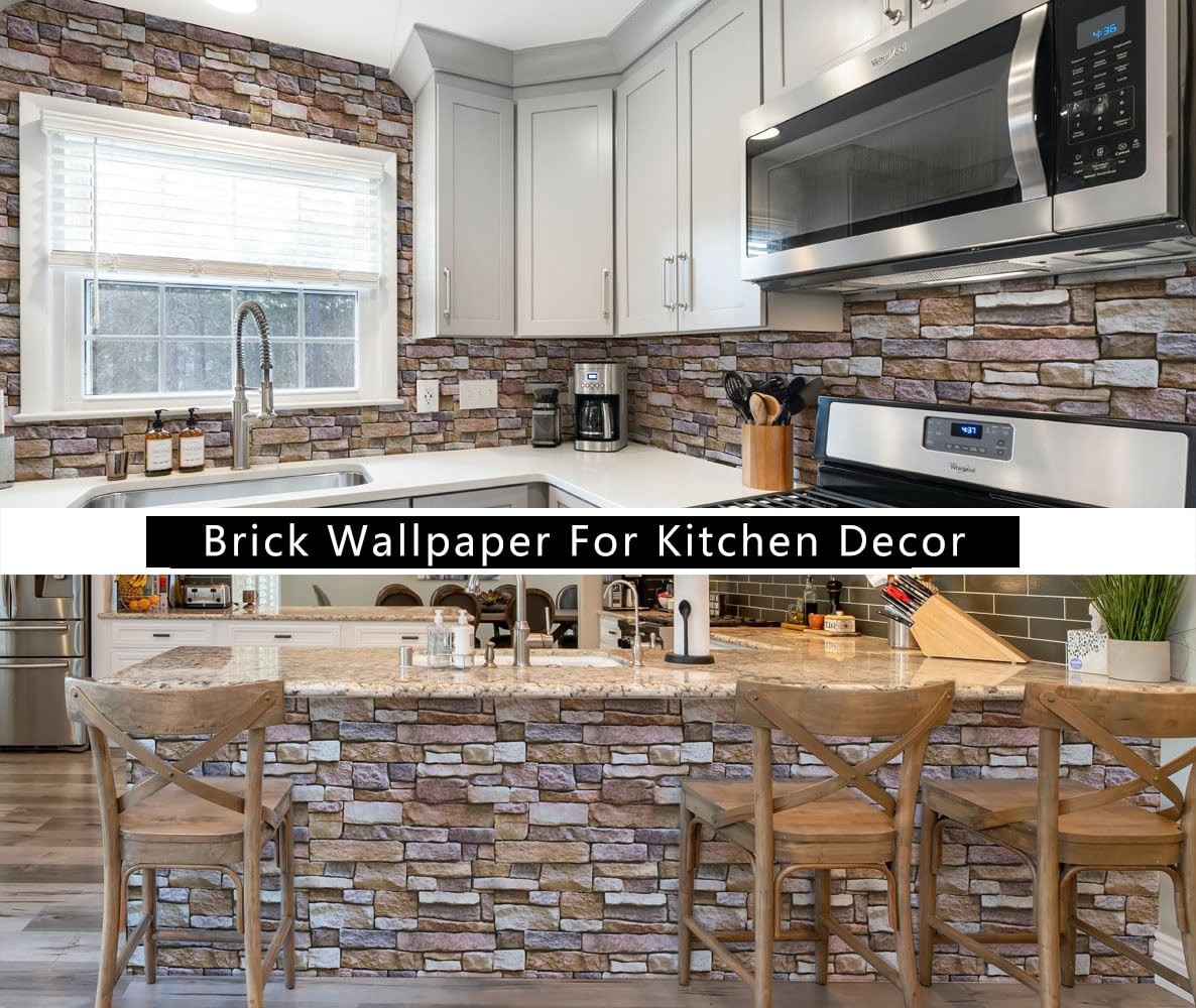 Genafy Peel and Stick Faux Brick Stone Wallpaper, 17.7″ x x 394″, Rock