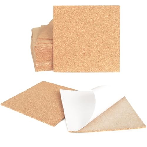 24pc 2mm Thick Self-Adhesive Cork Sheets – 4×4 Inch Cork Coasters 24 Pcs Square