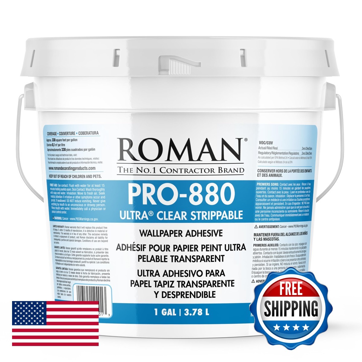 Roman PRO-880 Wallpaper Adhesive Paste Ultra Clear Strippable 1 Gallon 330 sq ft
