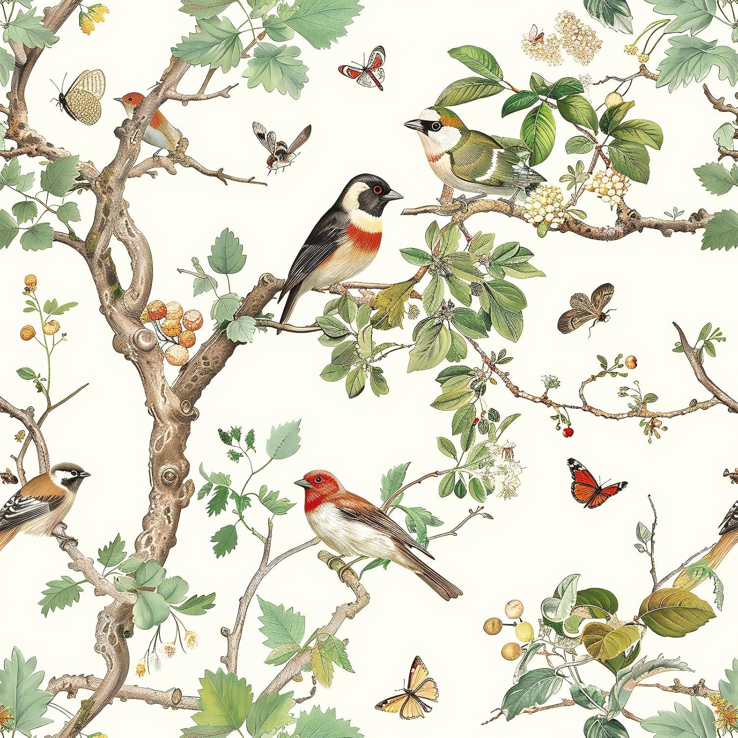 Nukofal Vintage Bird Peel and Stick Wallpaper Floral 16.9″ x 118.1″, Beige
