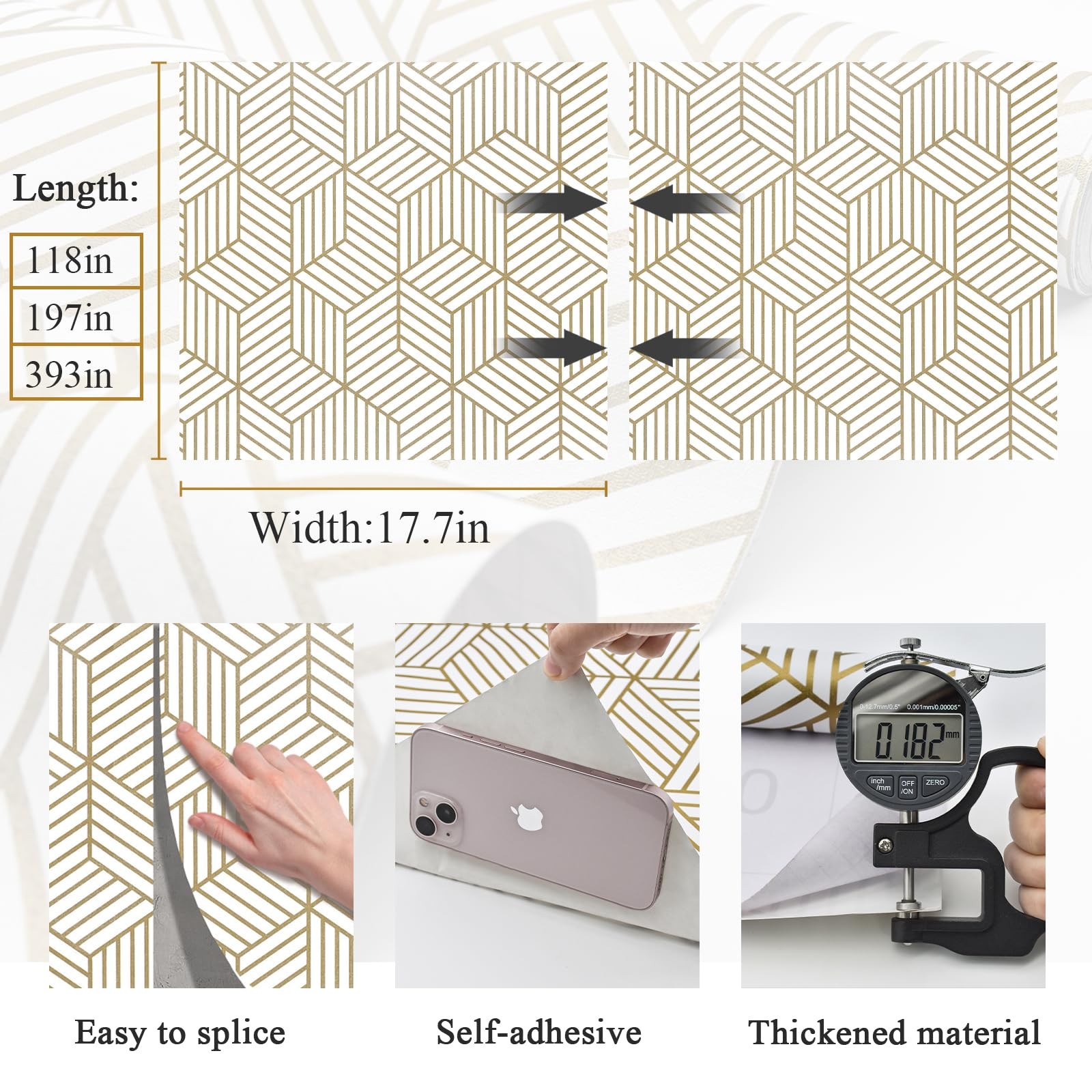 MelunMer Geometric Peel and Stick Wallpaper Gold 118In L 17.7″ x 118″,