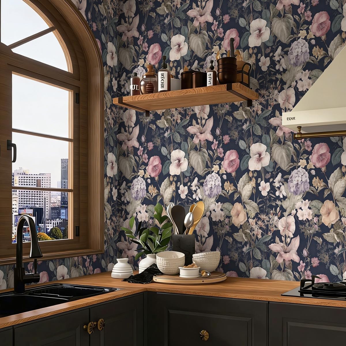 Jeweluck Vintage Floral Peel and Stick Wallpaper 16.9inch×118.1inch, C