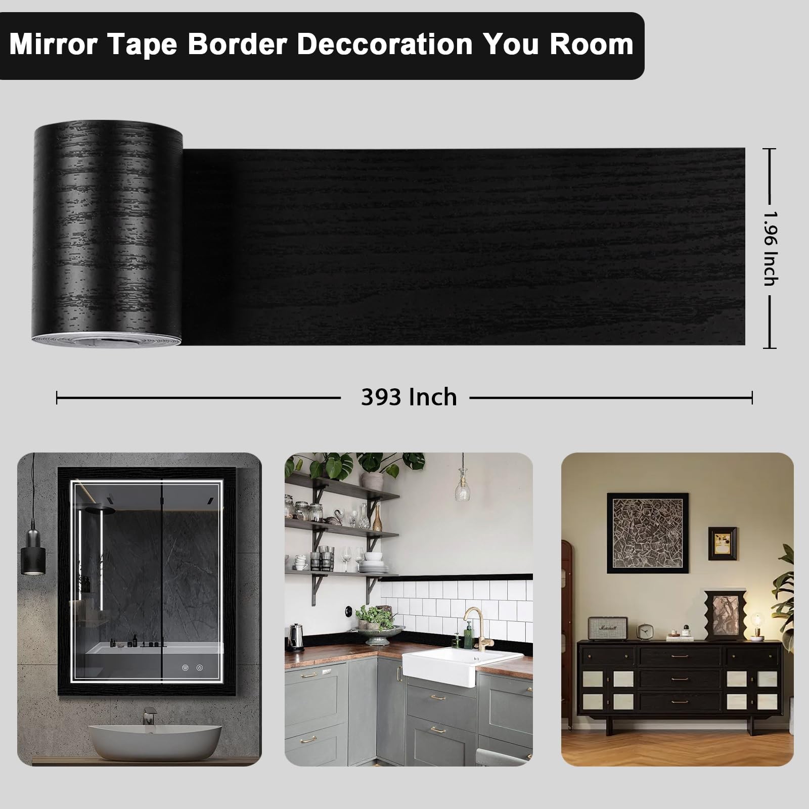 Alened 10M Black Wood Grain Mirror Frame Border Peel and 2»X393»,