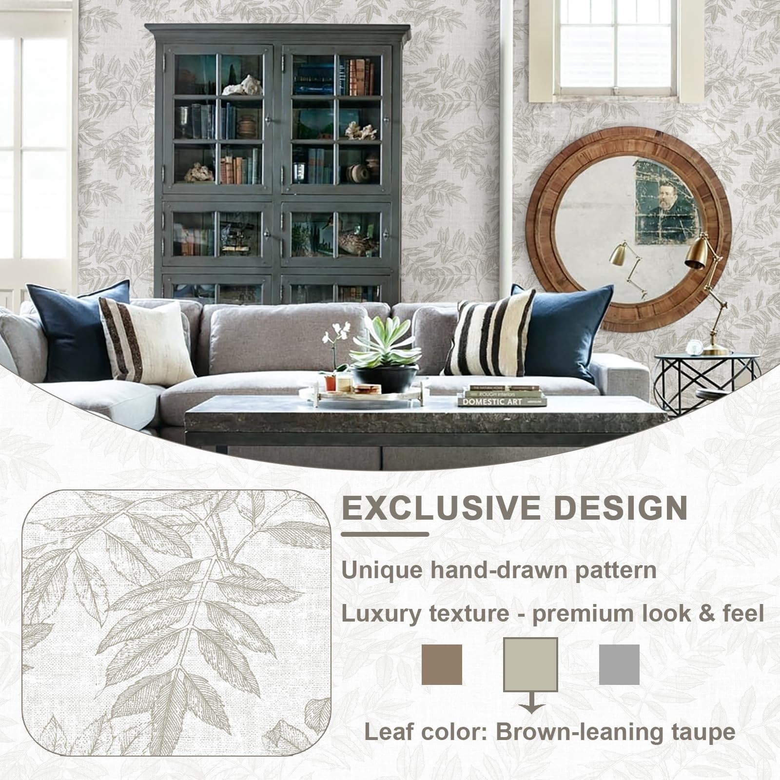 Aniboo Neutral Leaf Peel and Stick Wallpaper Boho 78.7″×17.3″, Beige&taupe
