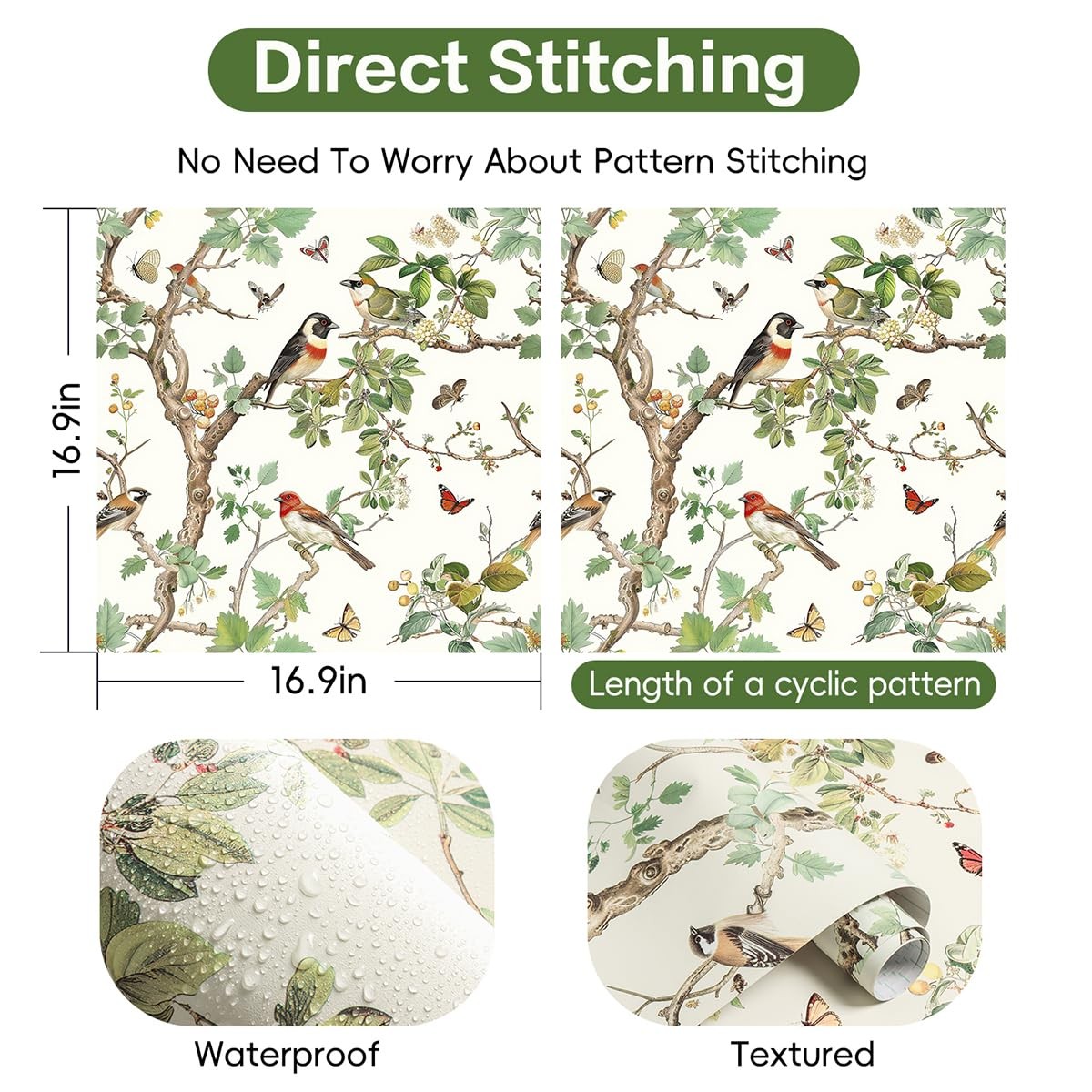Nukofal Vintage Bird Peel and Stick Wallpaper Floral 16.9″ x 118.1″, Beige