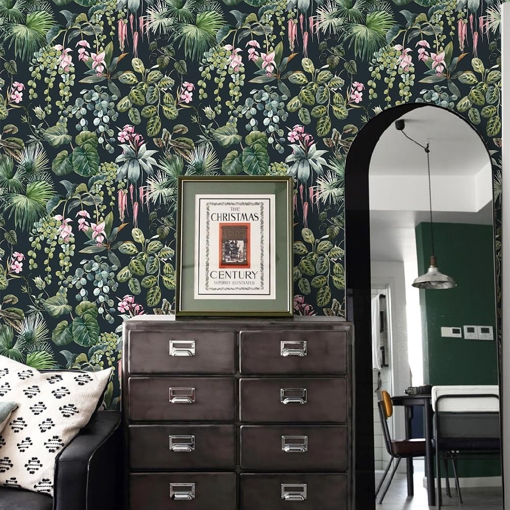 Ismoon Green Wallpaper Peel and Stick Vintage 16.1″ x 78.7″, Black/Green