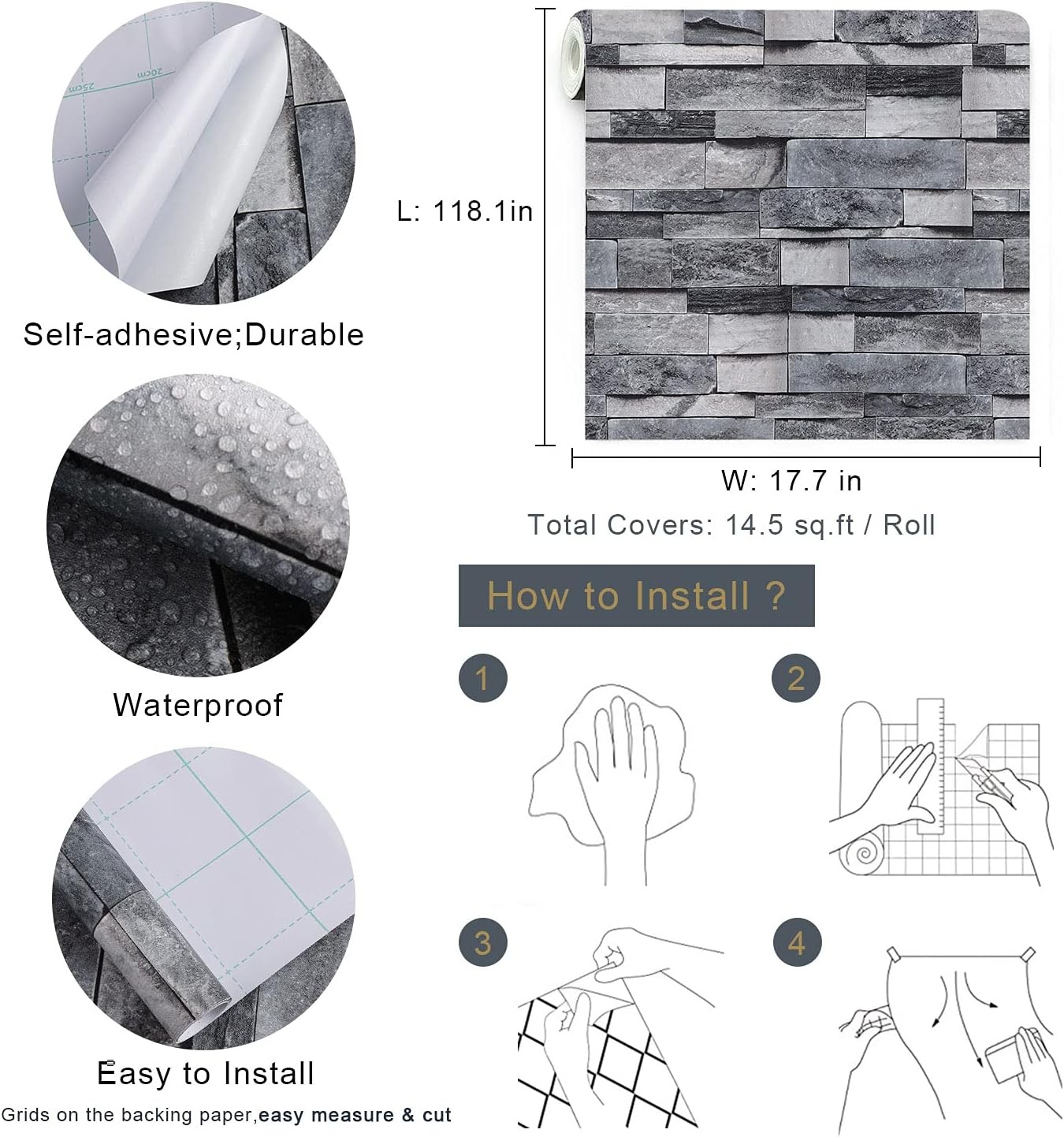 Timeet Grey Brick Wallpaper Peel and Stick Stone 17.7″ x 118.1″, Vintage