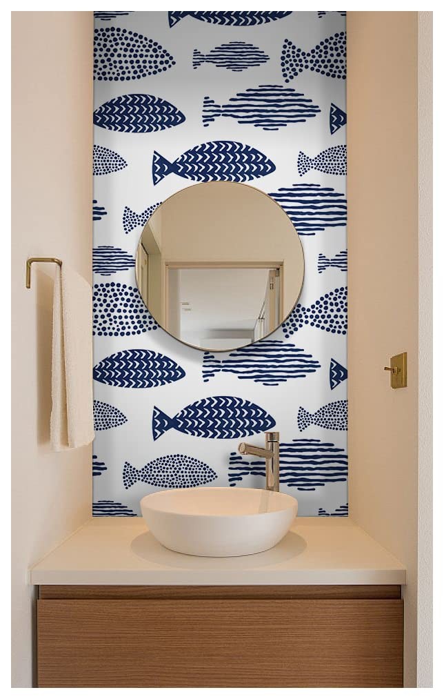 HAOKHOME Peel and Stick Wallpaper Coastal Fish S: 17.7in x 9.8ft, ‎Navy/White