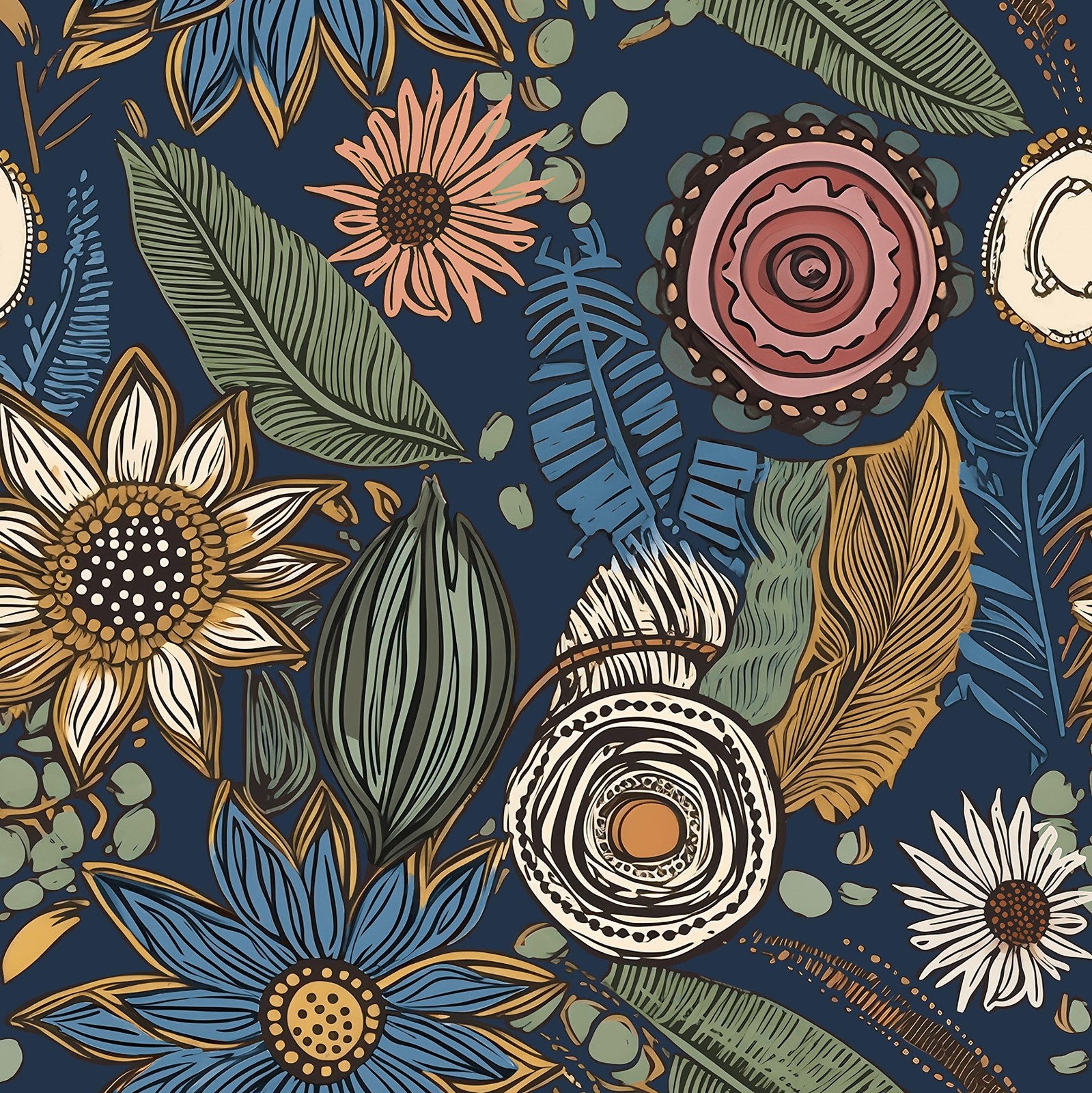 Boho Wallpaper Peel and Stick, Dark Vintage Floral 17.5″ x 78.7″, Blue
