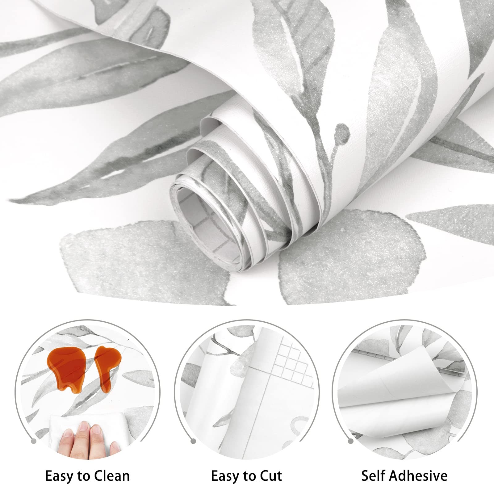 WENMER Gray Leaf Wallpaper Floral Peel and Stick 17.7″ x 118″,