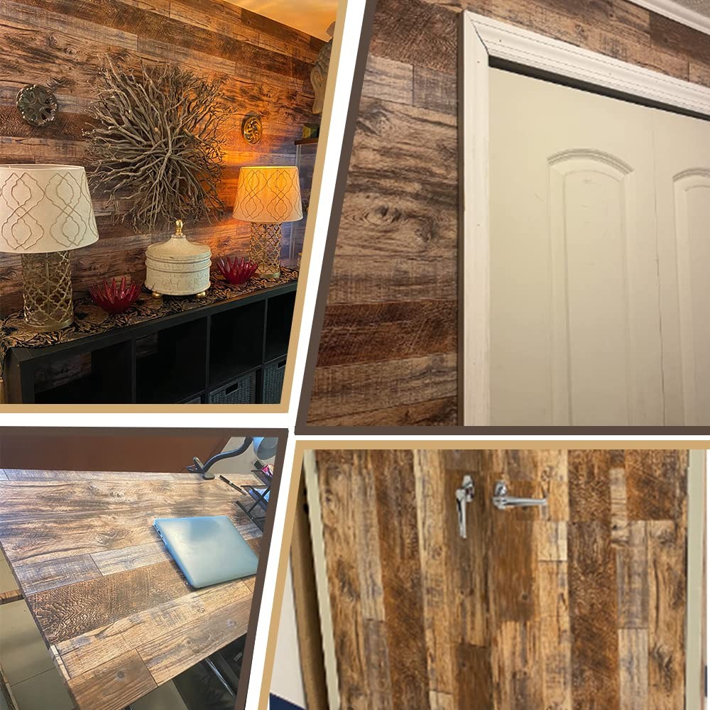 17.71»×118» Distressed Wood Plank Wallpaper Peel and 17.7″ x 118″, Brown