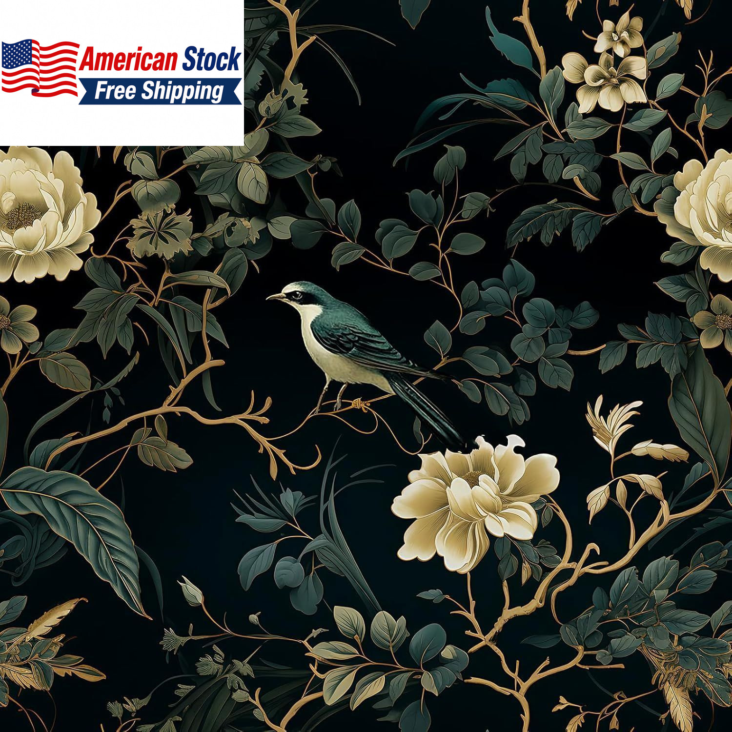 Dark Floral Peel & Stick Wallpaper Vintage Flowers Birds 16.9x118in FROM USA