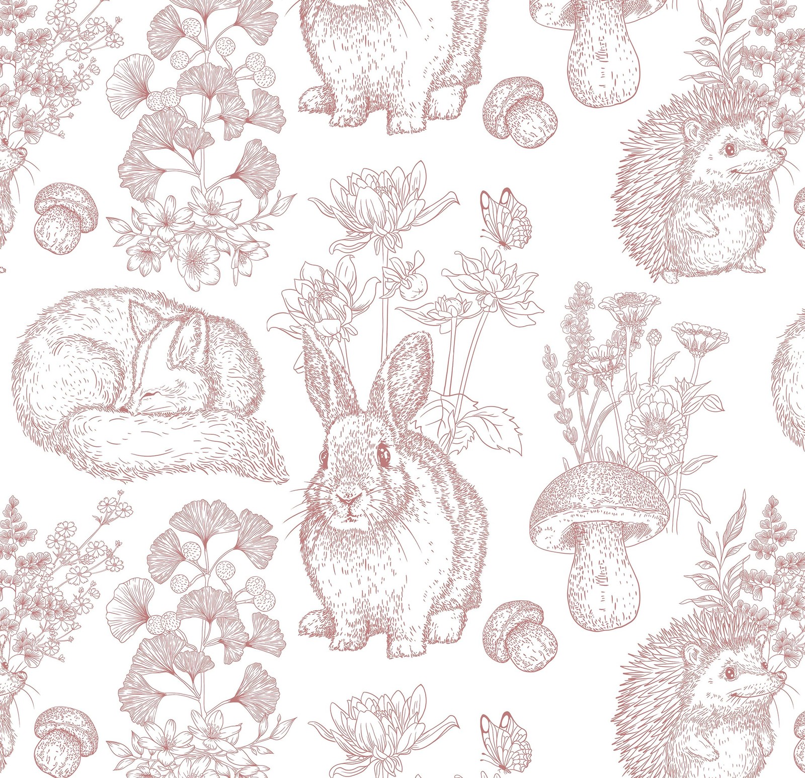 Peel and Stick Wallpaper Woodland Animals 78″ x 17″, White Pink