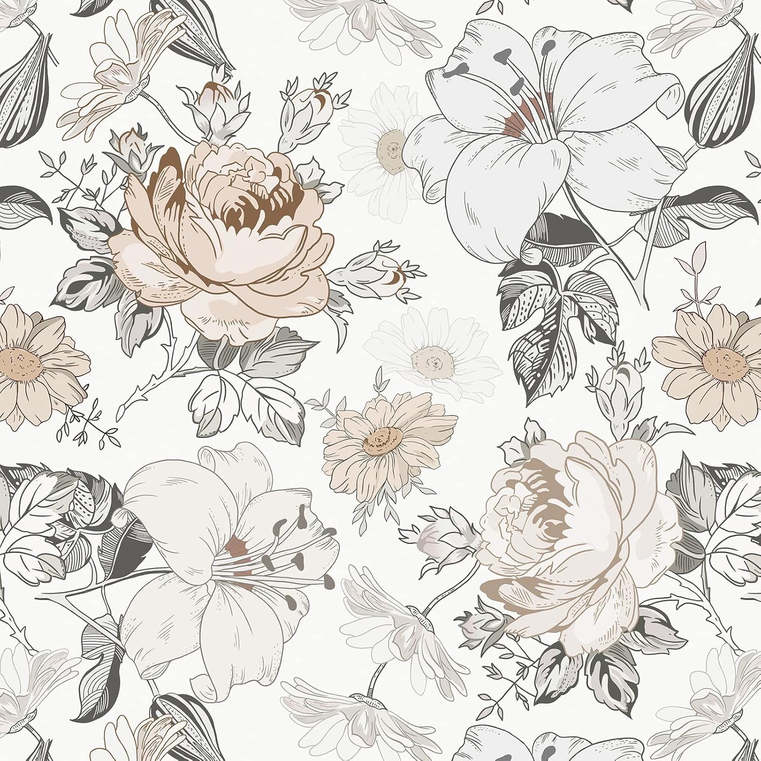 Hopepak Floral Peel and Stick Wallpaper for 15.5″ x 78.7″, White & Beige