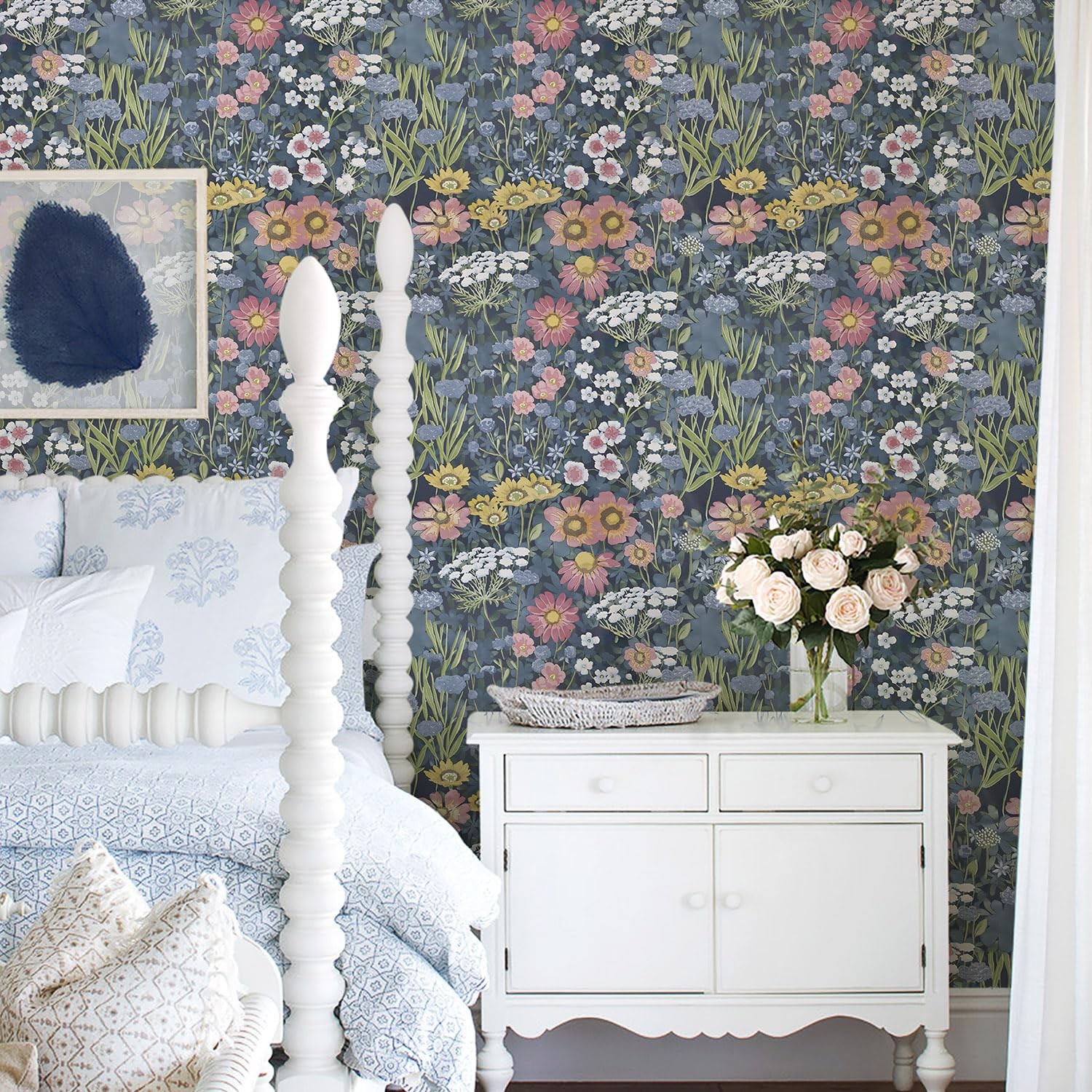 Orainege Vintage Floral Wallpaper Peel 17.7″ x 196.8″, Blue/Pink/Yellow/White