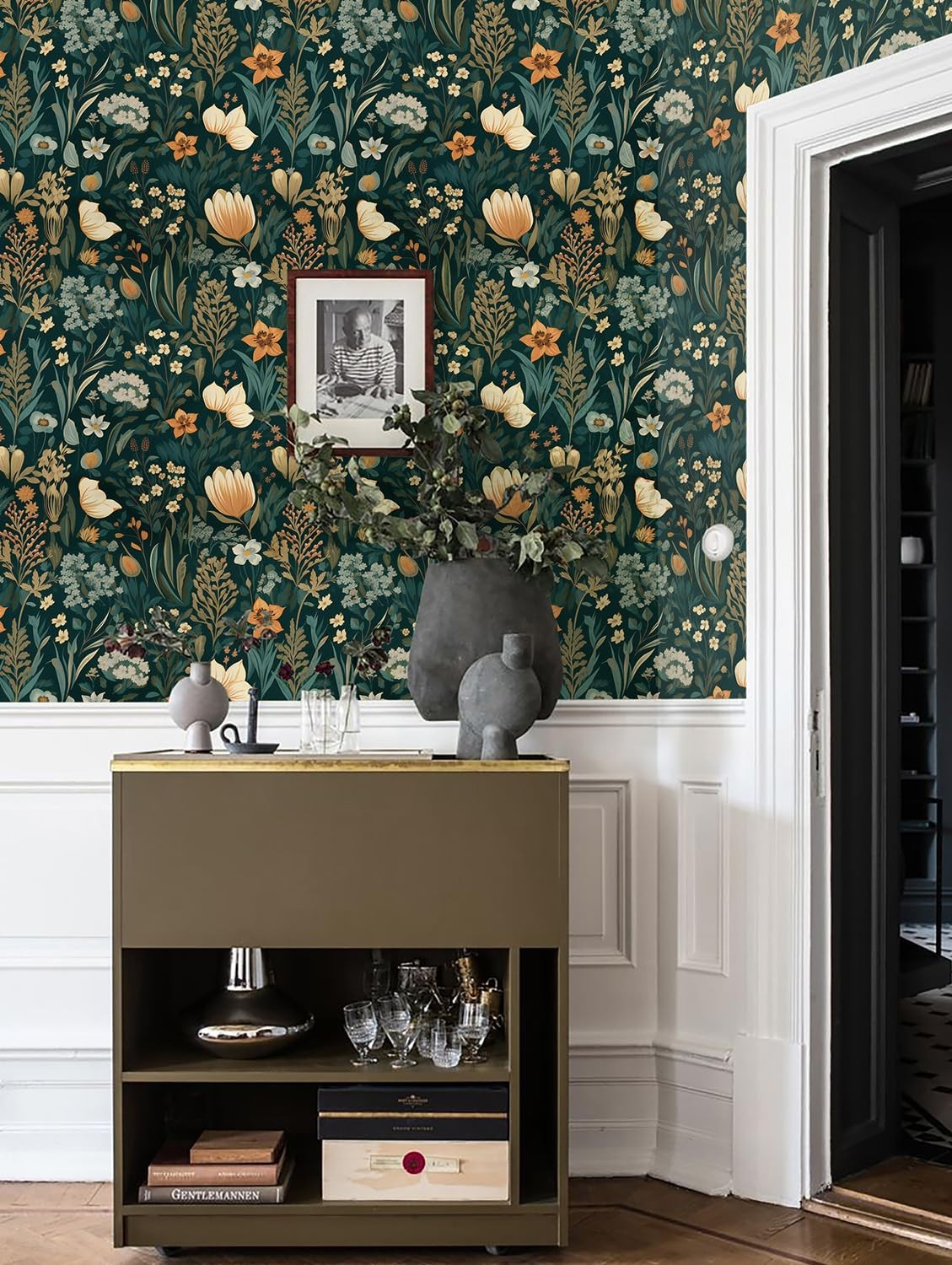 Orainege Vintage Floral Peel and Stick Wallpaper 17.3″ x 118.1″, Dark Green